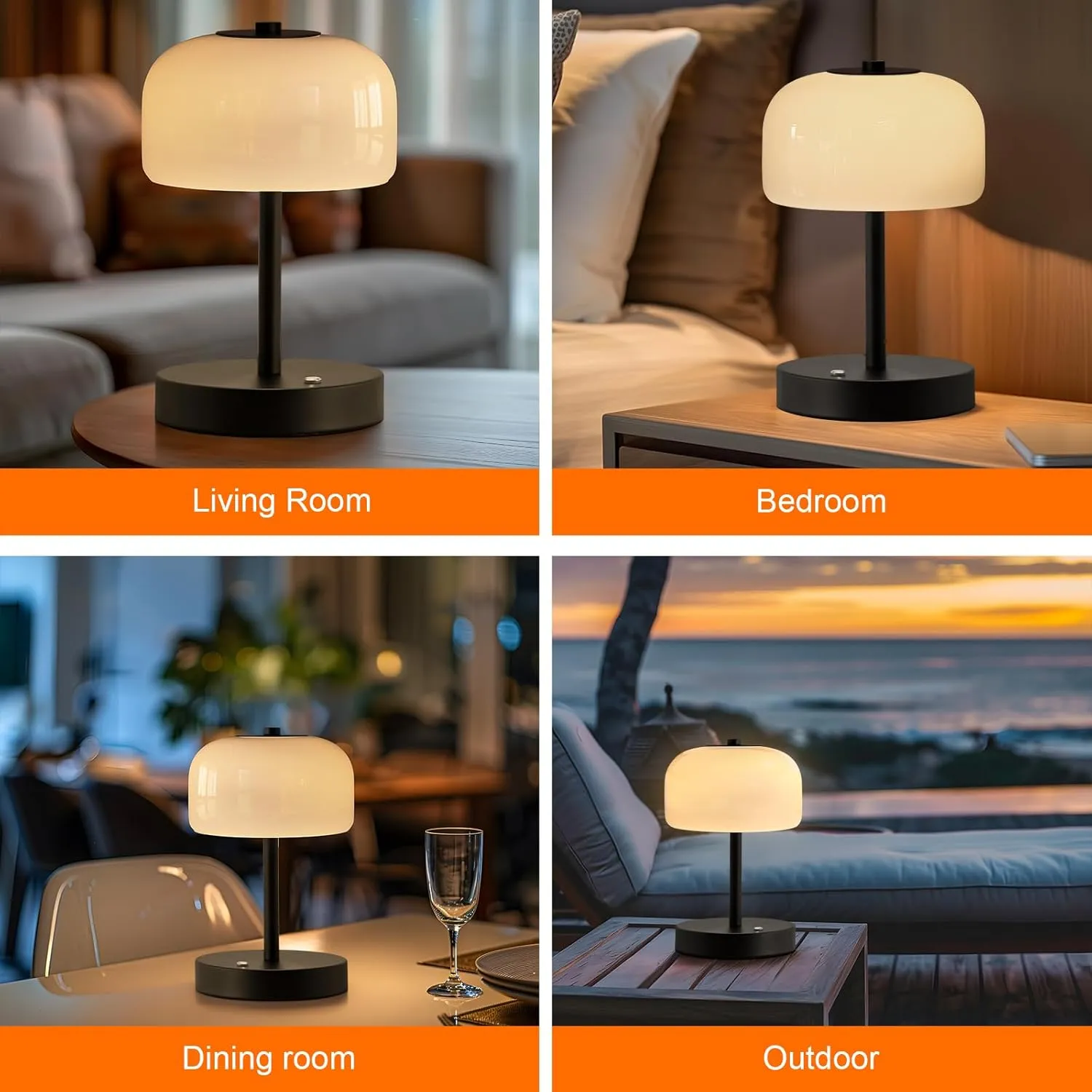 PORTRES Cordless Table Lamp Rechargeable Battery Operated Mushroom lamp Opal Glass Shade 3 Way Dimmable LED Touch Outdoor Lamp for Camping Bedroom Dining Living Room Beside Patio Restaurant,Black