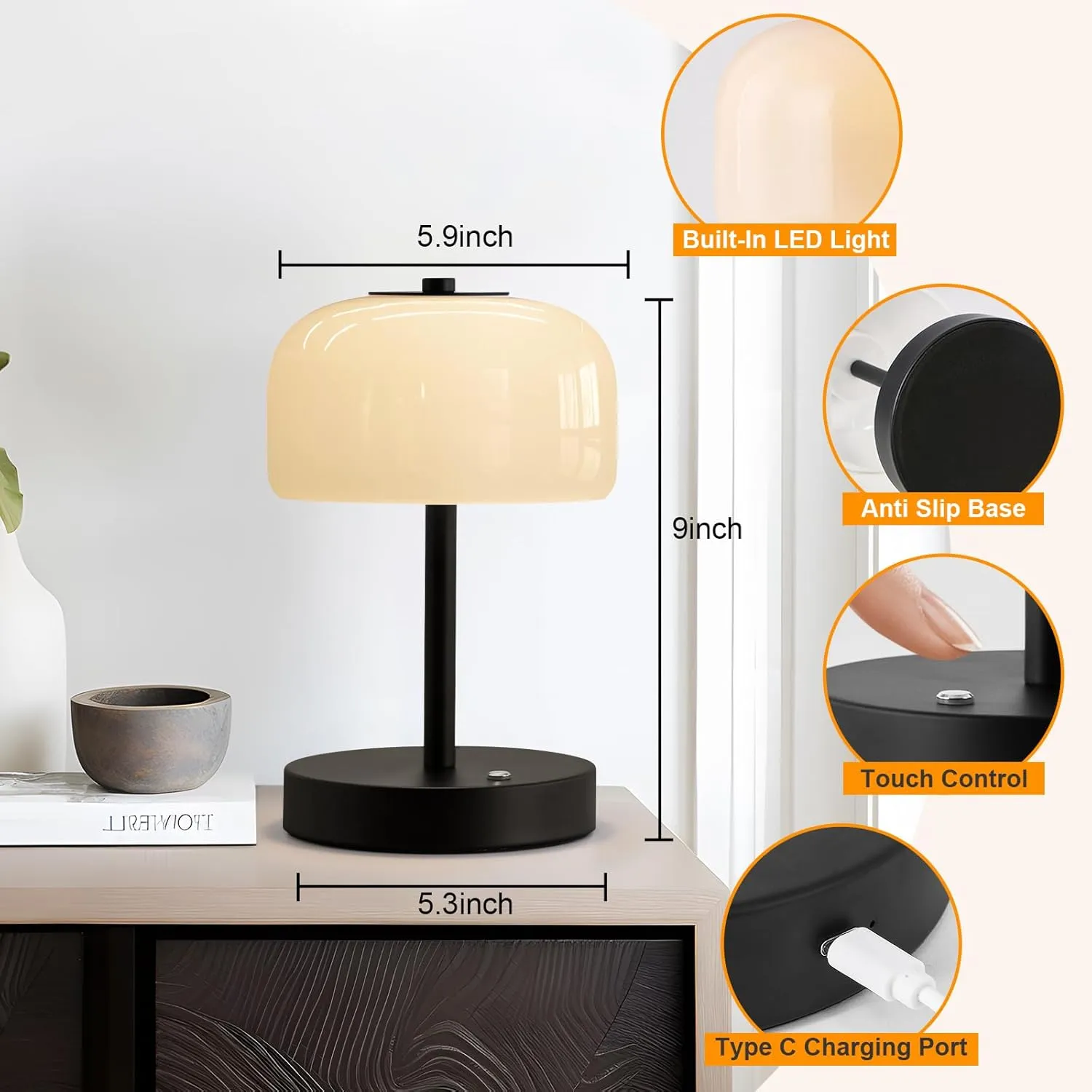 PORTRES Cordless Table Lamp Rechargeable Battery Operated Mushroom lamp Opal Glass Shade 3 Way Dimmable LED Touch Outdoor Lamp for Camping Bedroom Dining Living Room Beside Patio Restaurant,Black