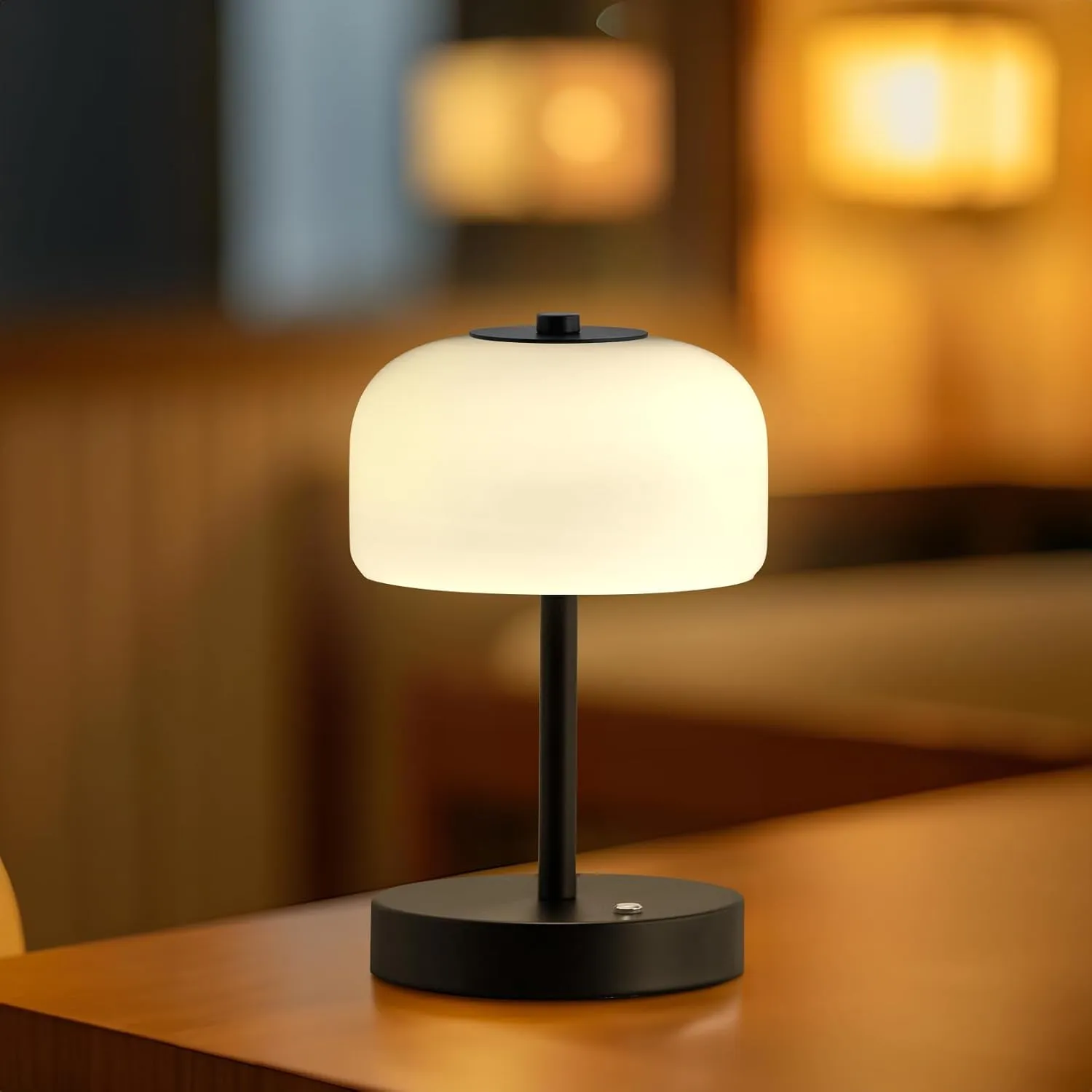 PORTRES Cordless Table Lamp Rechargeable Battery Operated Mushroom lamp Opal Glass Shade 3 Way Dimmable LED Touch Outdoor Lamp for Camping Bedroom Dining Living Room Beside Patio Restaurant,Black