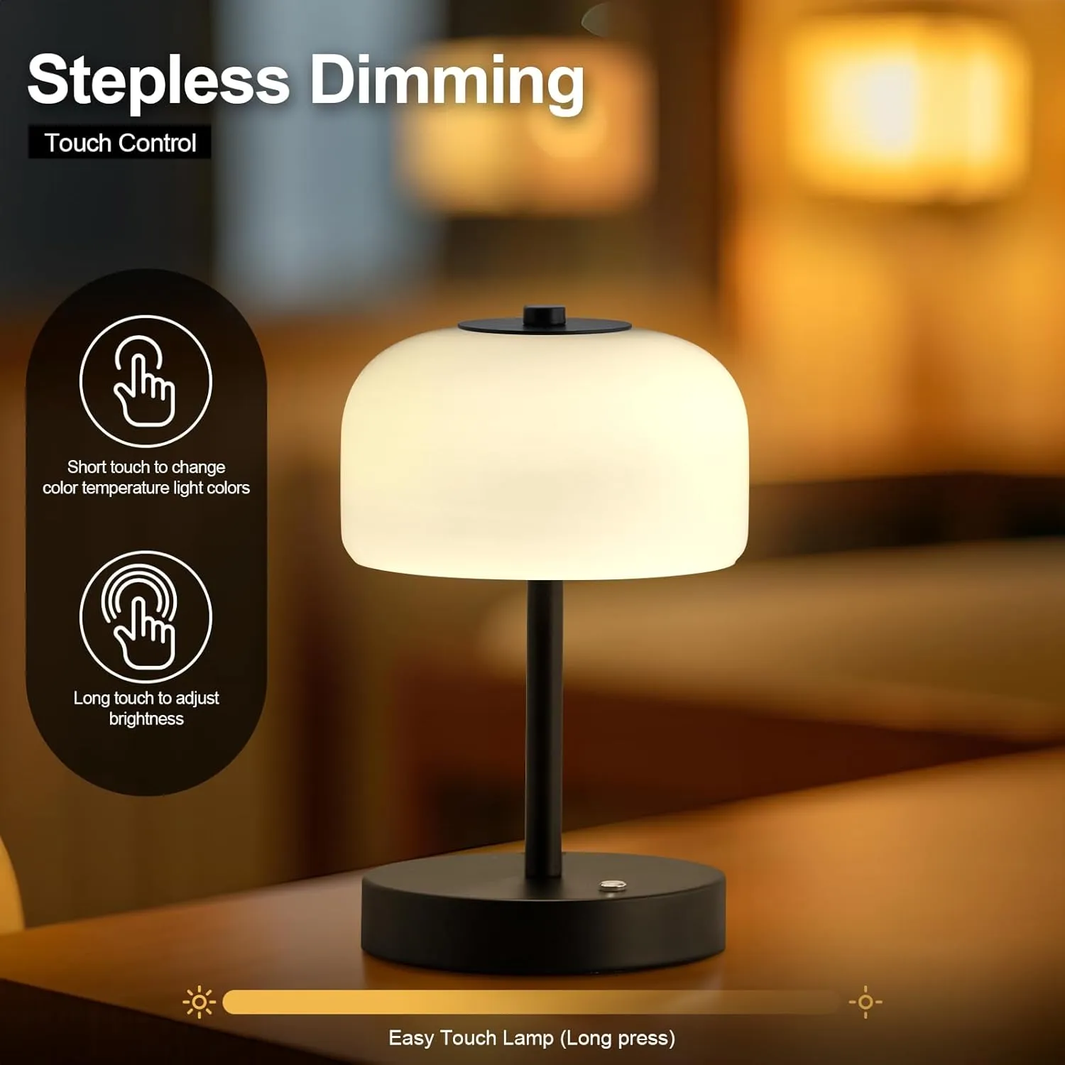 PORTRES Cordless Table Lamp Rechargeable Battery Operated Mushroom lamp Opal Glass Shade 3 Way Dimmable LED Touch Outdoor Lamp for Camping Bedroom Dining Living Room Beside Patio Restaurant,Black