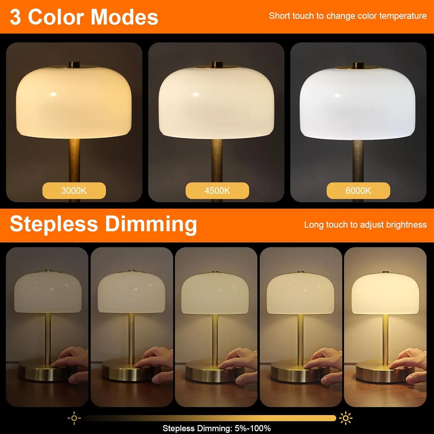 PORTRES Cordless Table Lamp Rechargeable Battery Operated Mushroom lamp Opal Glass Shade 3 Way Dimmable LED Touch Outdoor Lamp for Camping Bedroom Dining Living Room Beside Patio Restaurant,Gold