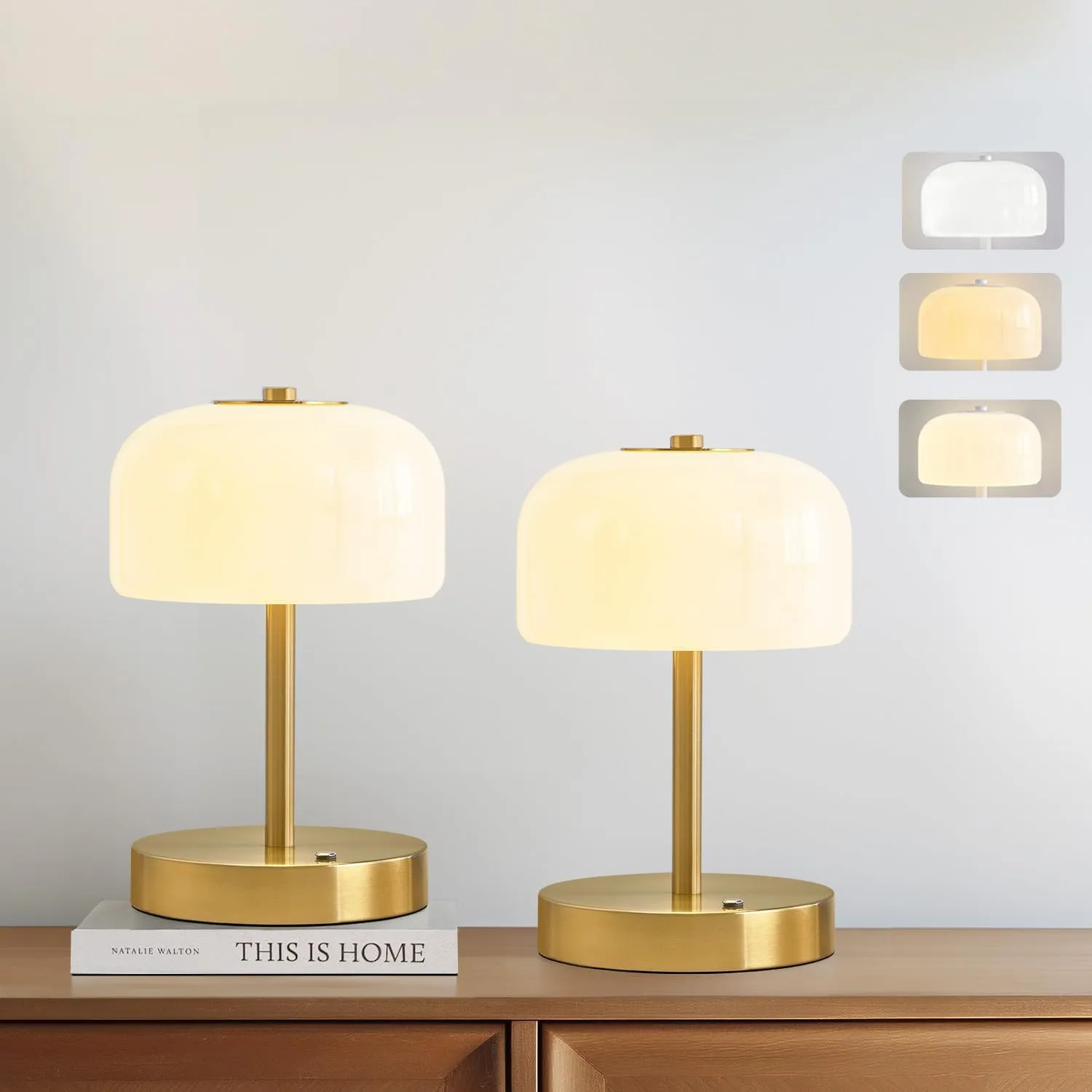 PORTRES Cordless Table Lamp Rechargeable Battery Operated Mushroom lamp Opal Glass Shade 3 Way Dimmable LED Touch Outdoor Lamp for Camping Bedroom Dining Living Room Beside Patio Restaurant,Gold