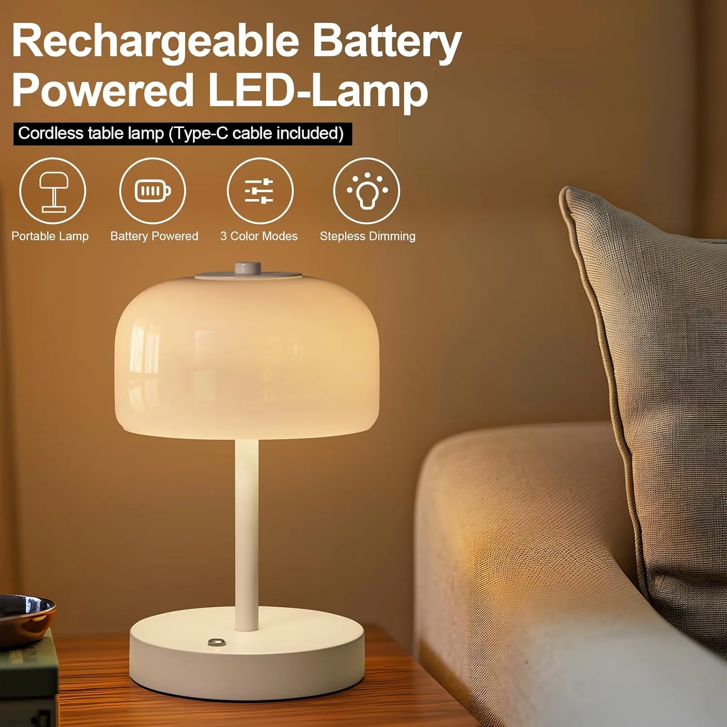 PORTRES Cordless Table Lamp Rechargeable Battery Operated Mushroom lamp Opal Glass Shade 3 Way Dimmable LED Touch Outdoor Lamp for Camping Bedroom Dining Living Room Beside Patio Restaurant,White
