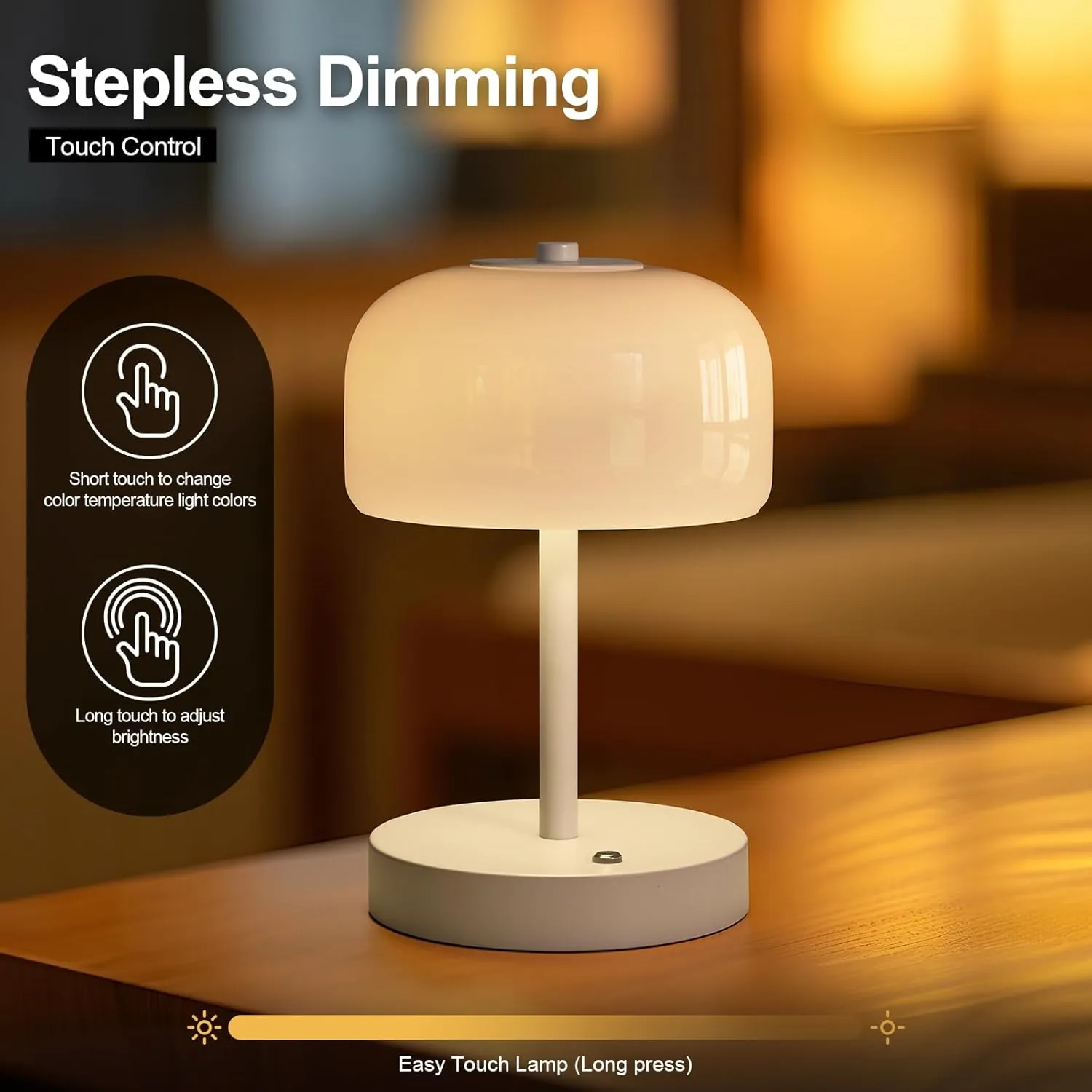 PORTRES Cordless Table Lamp Rechargeable Battery Operated Mushroom lamp Opal Glass Shade 3 Way Dimmable LED Touch Outdoor Lamp for Camping Bedroom Dining Living Room Beside Patio Restaurant,White