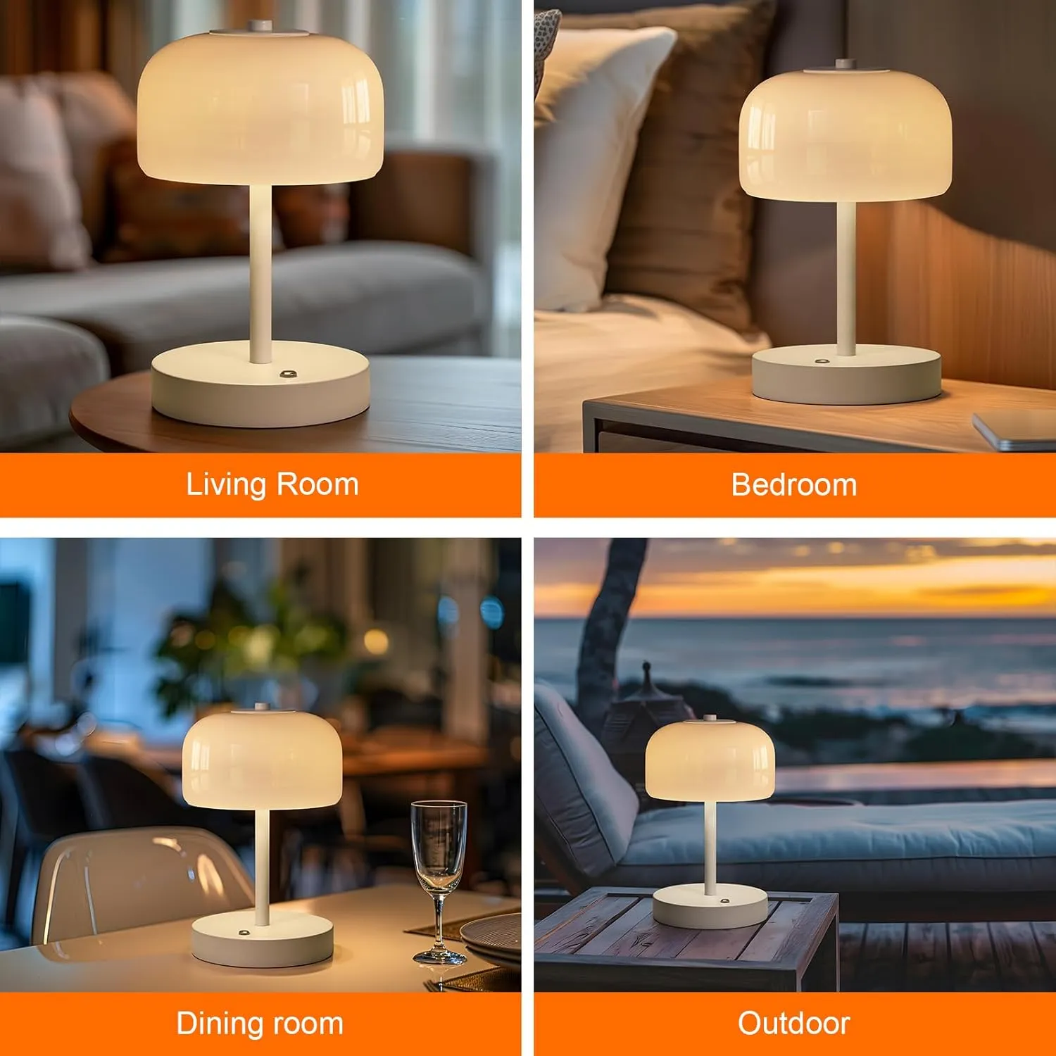 PORTRES Cordless Table Lamp Rechargeable Battery Operated Mushroom lamp Opal Glass Shade 3 Way Dimmable LED Touch Outdoor Lamp for Camping Bedroom Dining Living Room Beside Patio Restaurant,White