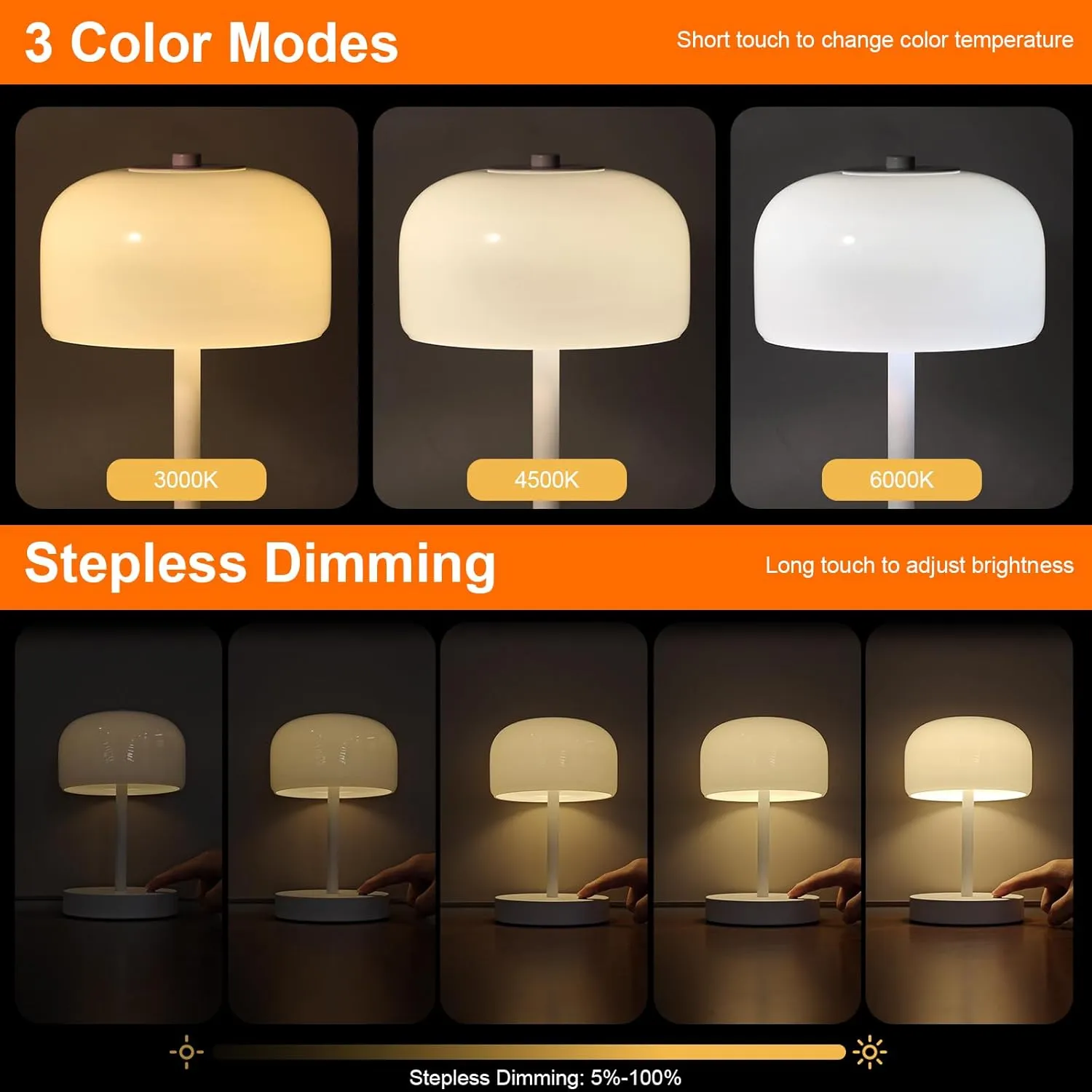 PORTRES Cordless Table Lamp Rechargeable Battery Operated Mushroom lamp Opal Glass Shade 3 Way Dimmable LED Touch Outdoor Lamp for Camping Bedroom Dining Living Room Beside Patio Restaurant,White