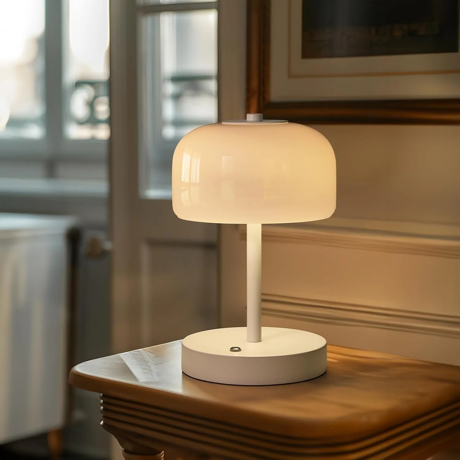 PORTRES Cordless Table Lamp Rechargeable Battery Operated Mushroom lamp Opal Glass Shade 3 Way Dimmable LED Touch Outdoor Lamp for Camping Bedroom Dining Living Room Beside Patio Restaurant,White