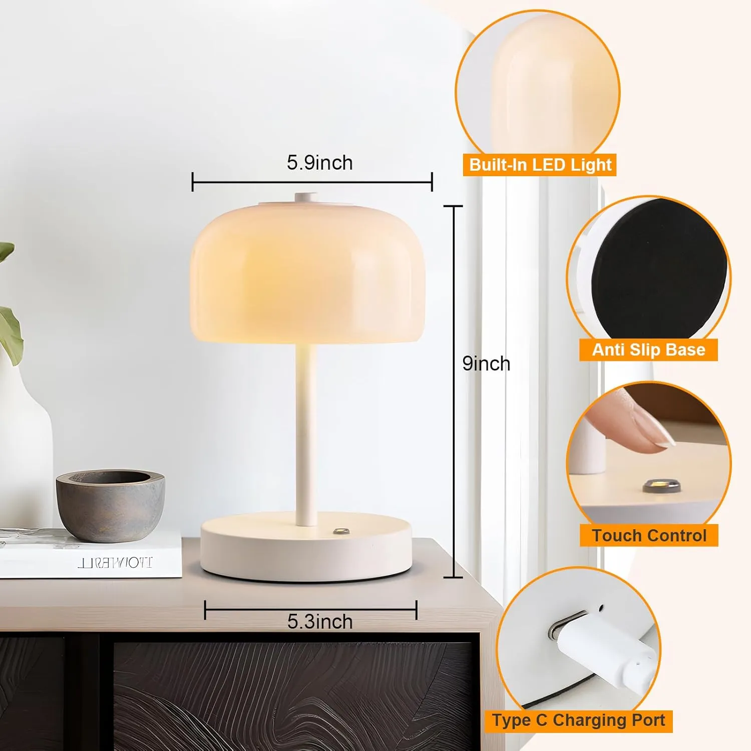 PORTRES Cordless Table Lamp Rechargeable Battery Operated Mushroom lamp Opal Glass Shade 3 Way Dimmable LED Touch Outdoor Lamp for Camping Bedroom Dining Living Room Beside Patio Restaurant,White