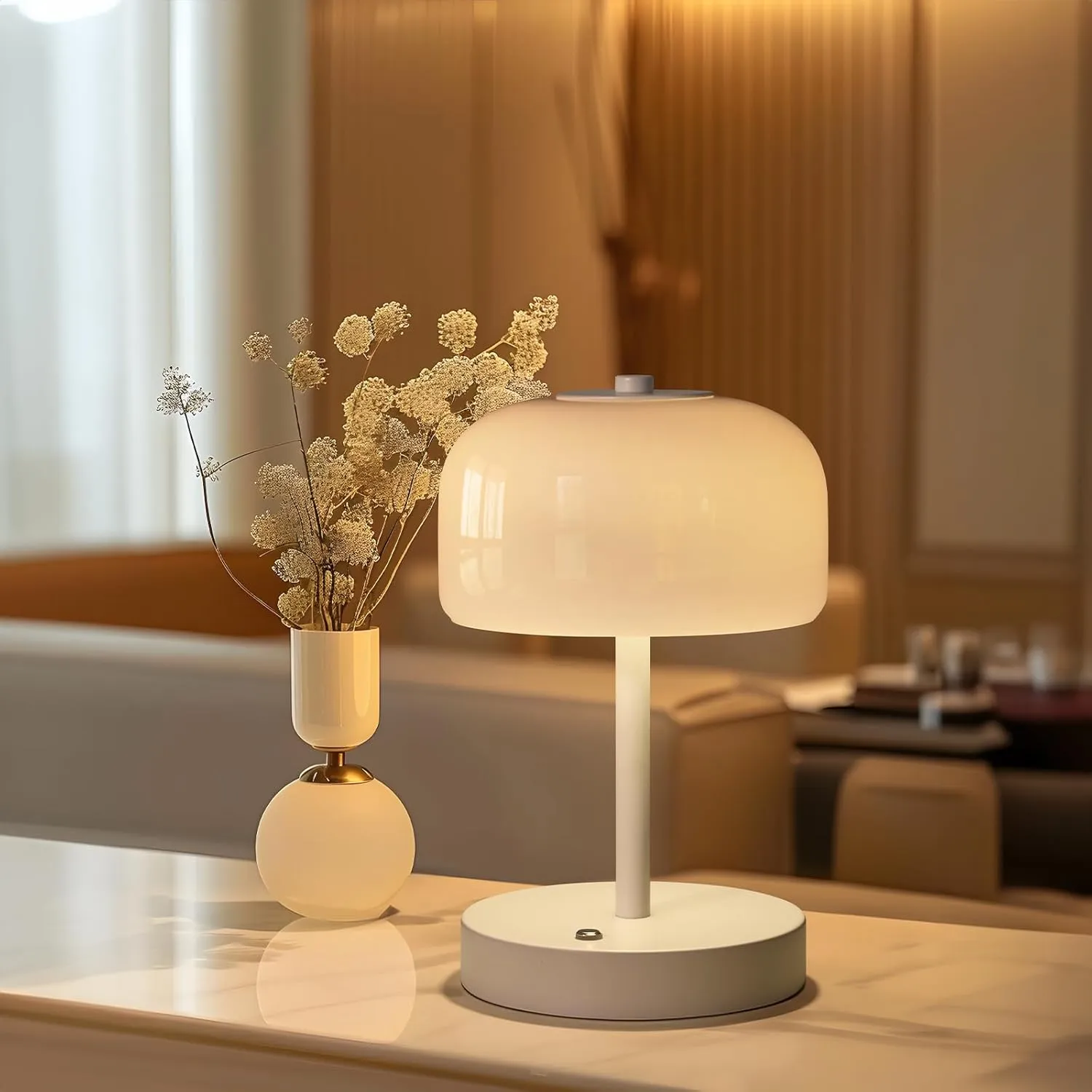 PORTRES Cordless Table Lamp Rechargeable Battery Operated Mushroom lamp Opal Glass Shade 3 Way Dimmable LED Touch Outdoor Lamp for Camping Bedroom Dining Living Room Beside Patio Restaurant,White