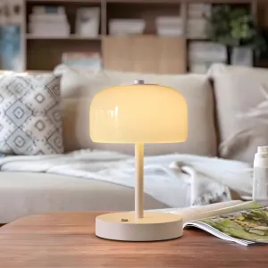 PORTRES Cordless Table Lamp Rechargeable Battery Operated Mushroom lamp Opal Glass Shade 3 Way Dimmable LED Touch Outdoor Lamp for Camping Bedroom Dining Living Room Beside Patio Restaurant,White
