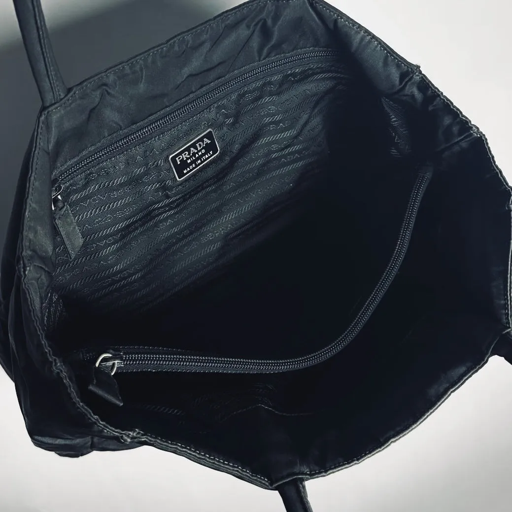 Prada Black Tessuto Classic Monogram Logo Shopper City Nylon Shoulder Tote Bag