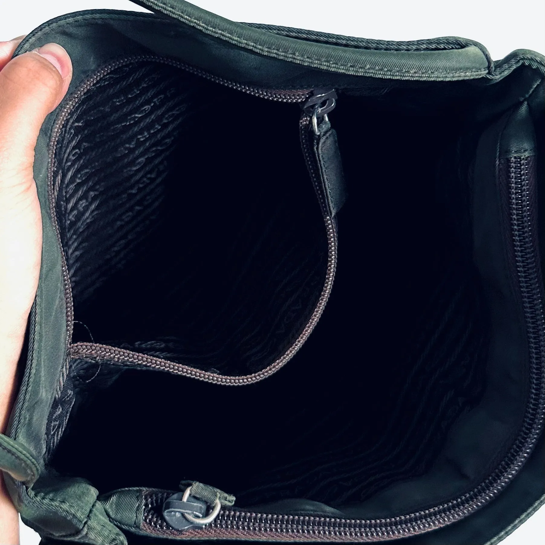 Prada Dark Khaki Green Tessuto Classic Logo Nylon Shopper Shoulder Tote Bag
