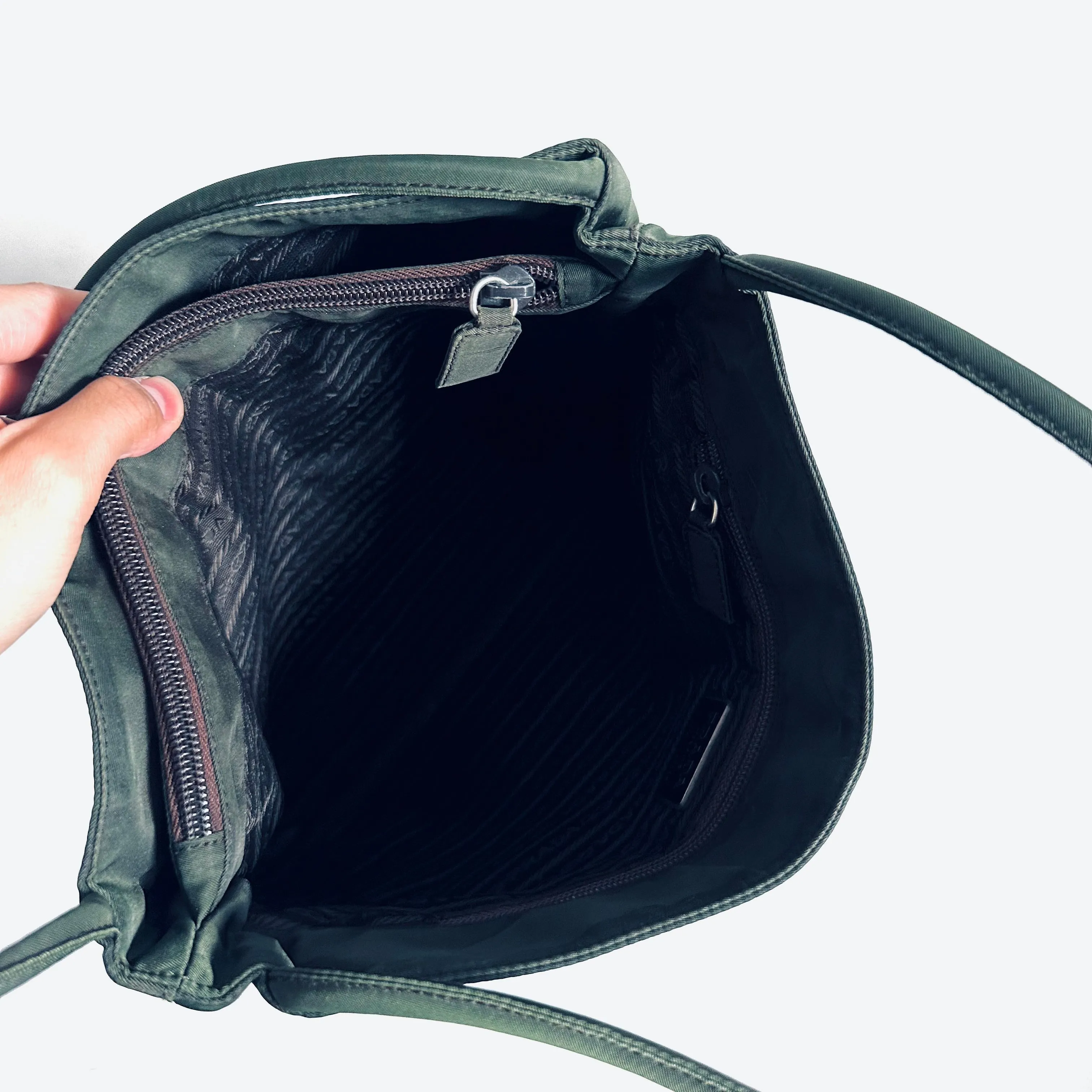 Prada Dark Khaki Green Tessuto Classic Logo Nylon Shopper Shoulder Tote Bag