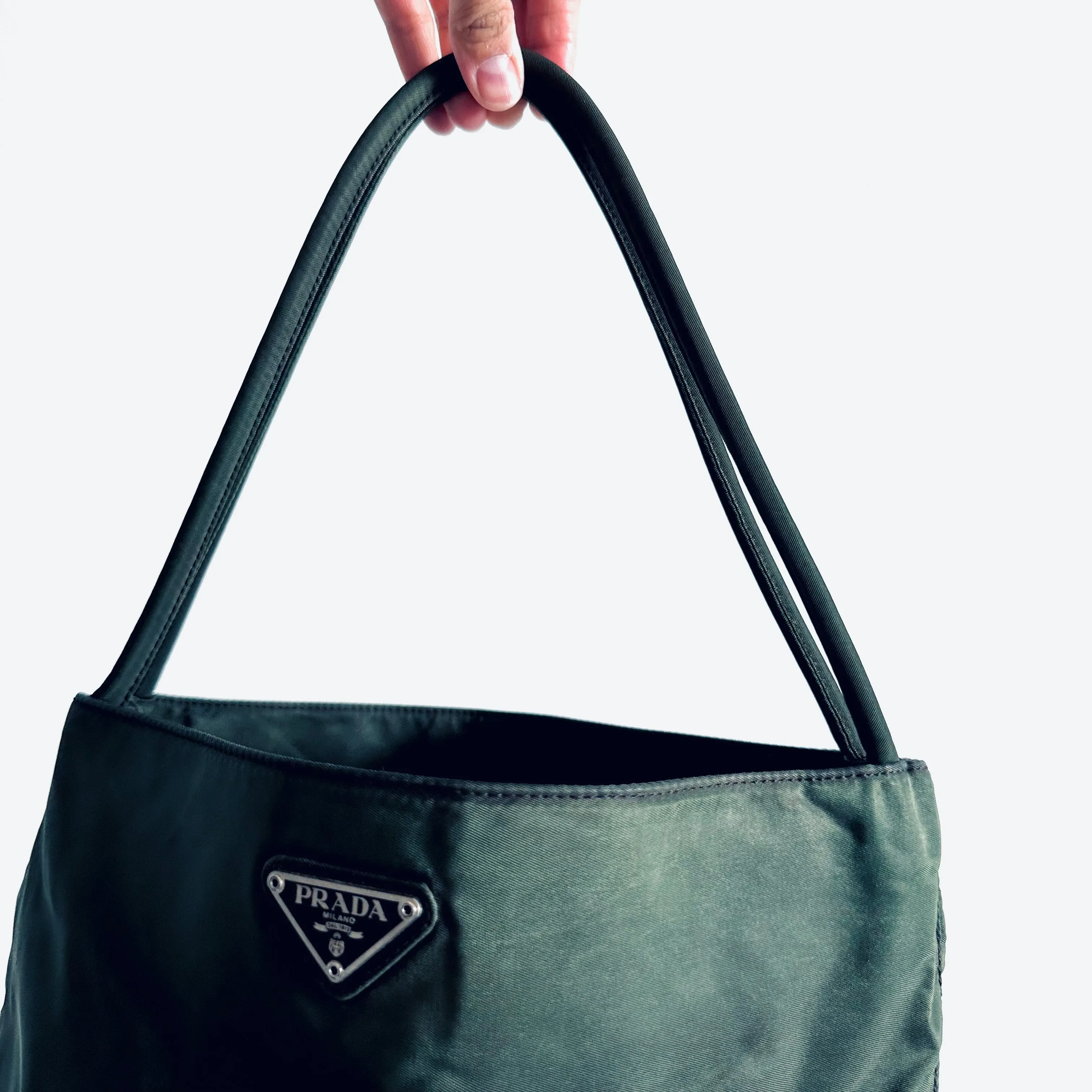 Prada Dark Khaki Green Tessuto Classic Logo Nylon Shopper Shoulder Tote Bag