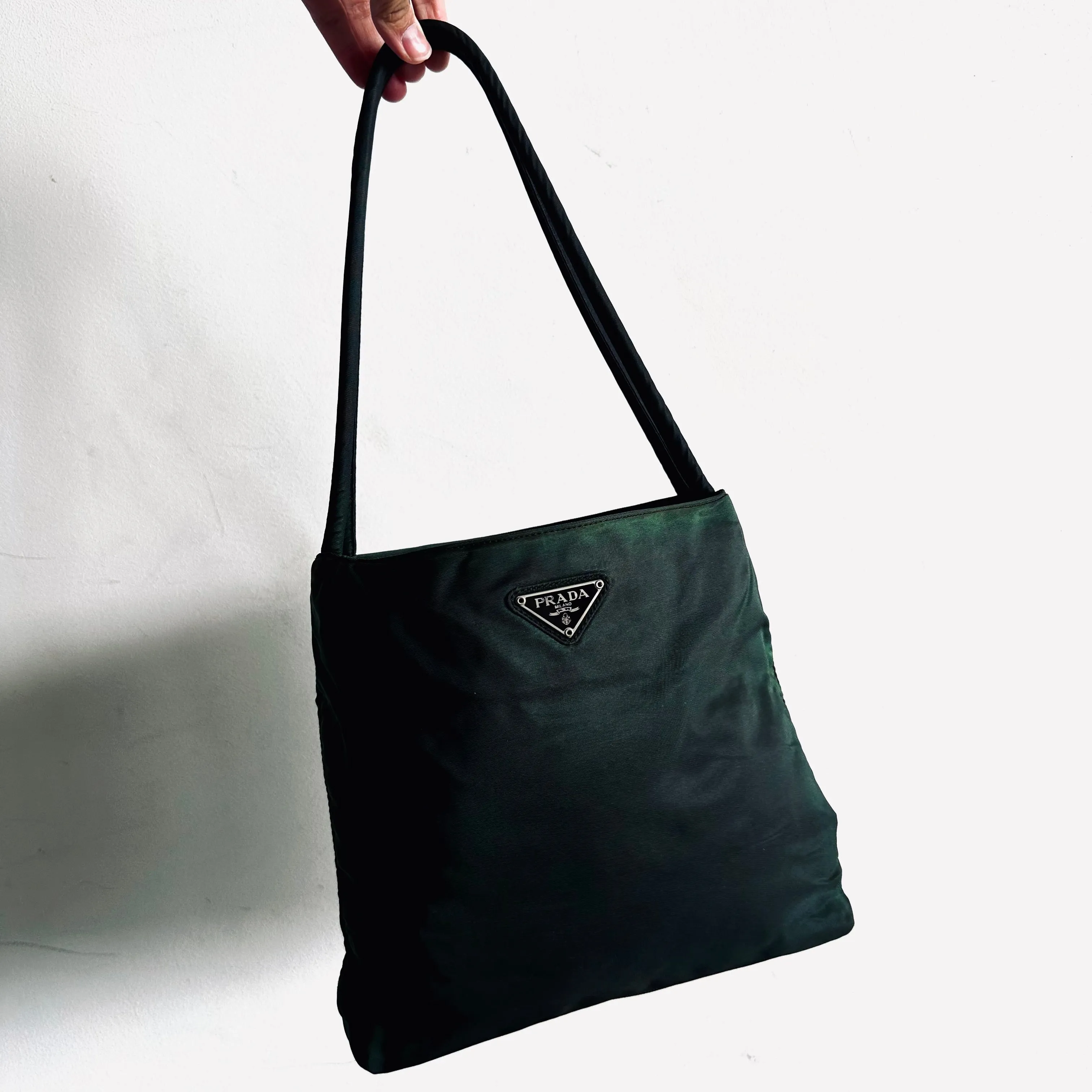 Prada Jade Malachite Tessuto City Classic Logo Structured Shoulder Shopper Tote Bag