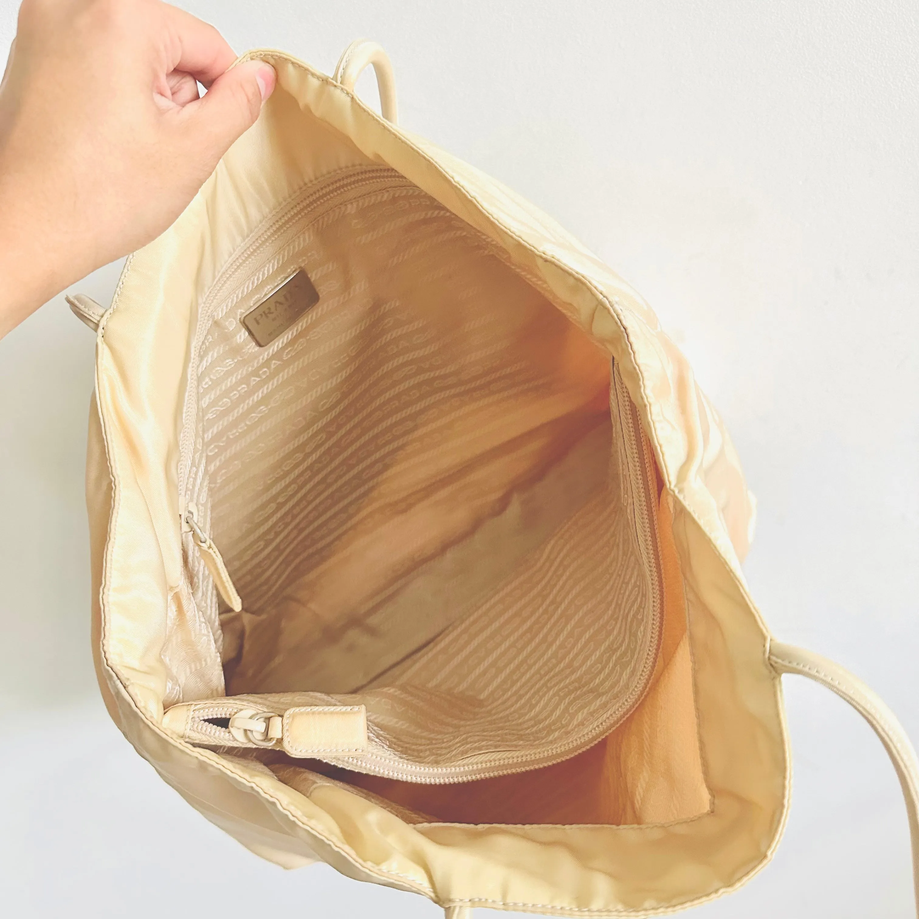 Prada Off White Cream Tessuto Classic Logo Nylon Shopper Shoulder Tote Bag