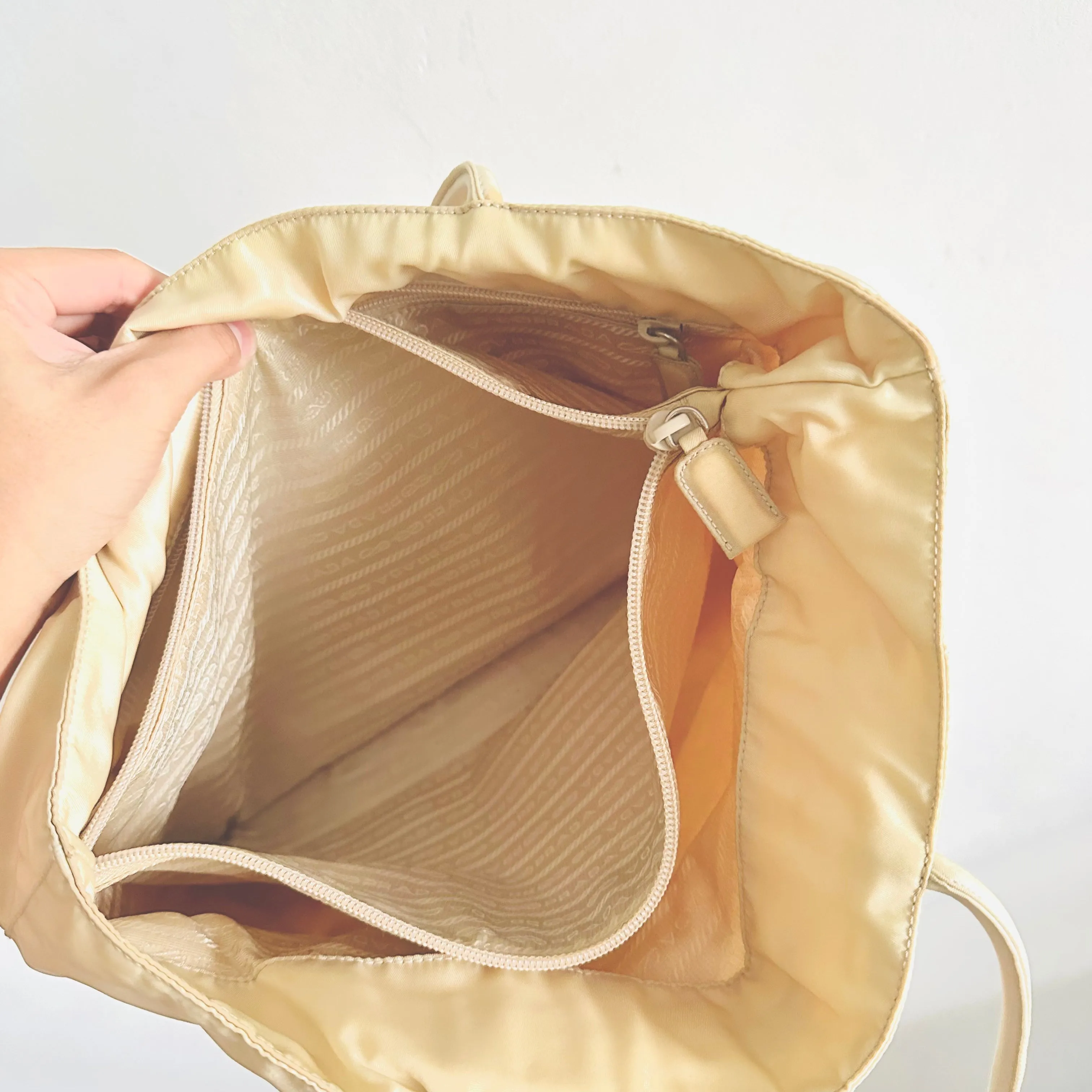 Prada Off White Cream Tessuto Classic Logo Nylon Shopper Shoulder Tote Bag