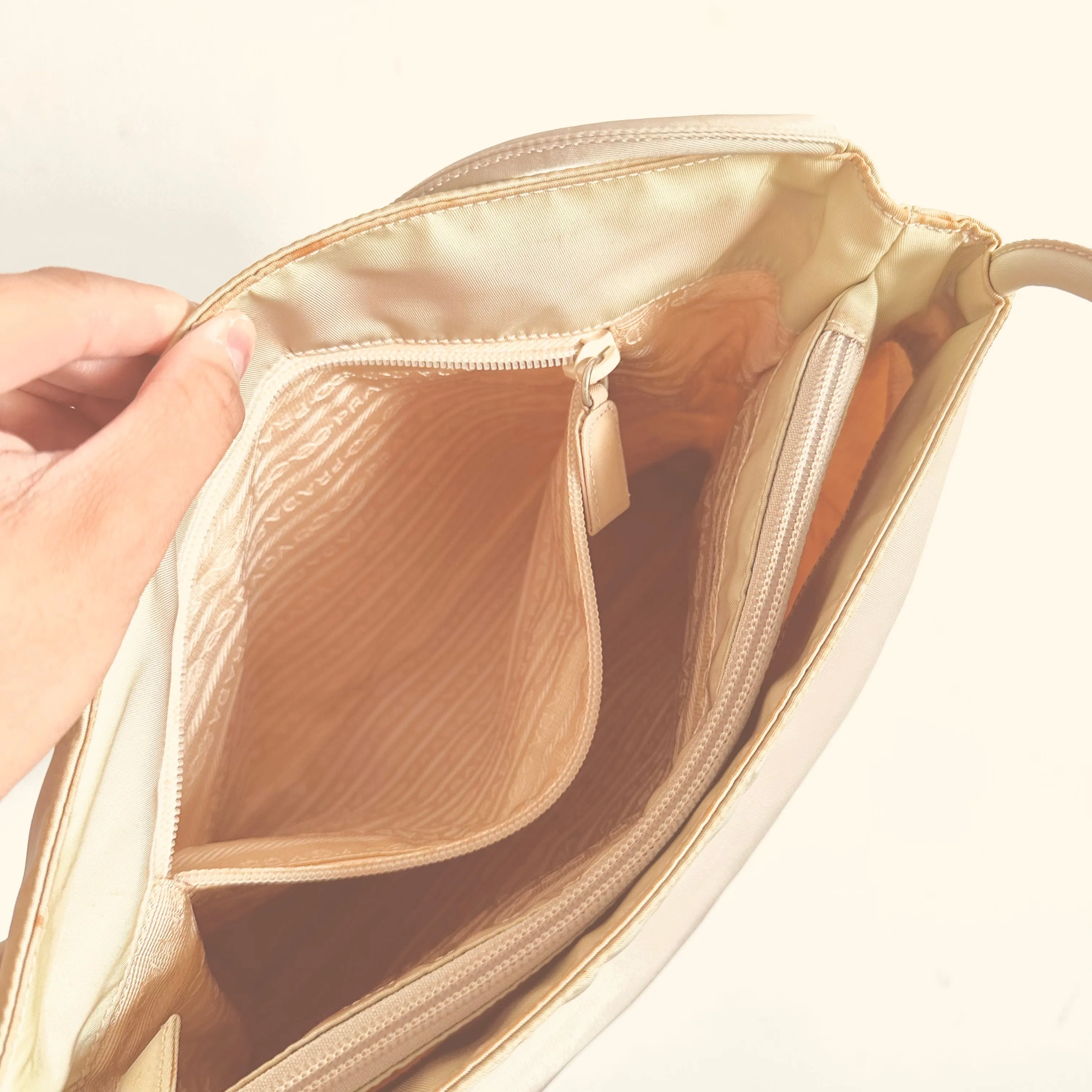 Prada Off White Cream Tessuto Classic Logo Nylon Structured Shoulder Tote Bag