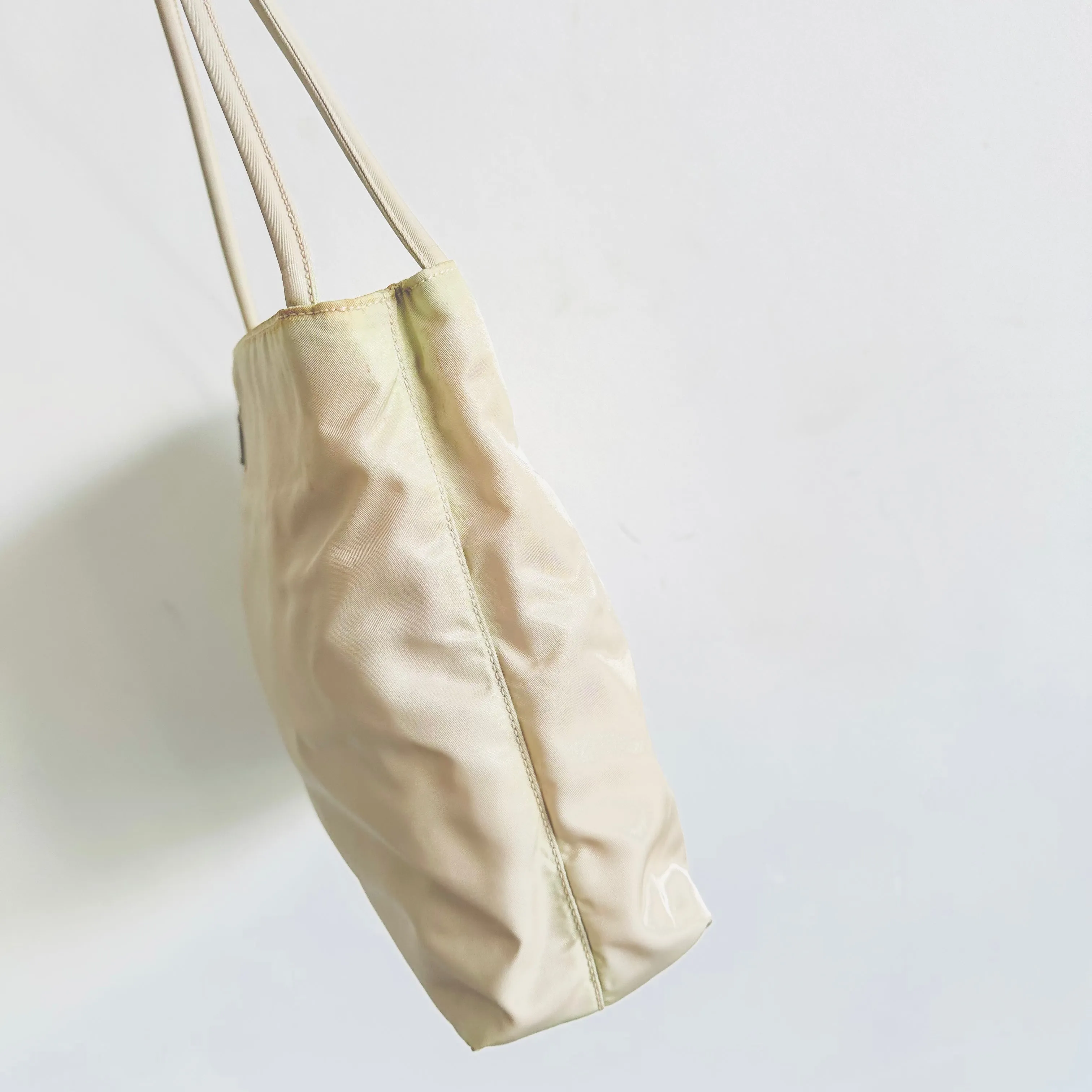Prada Off White Cream Tessuto Classic Logo Nylon Structured Shoulder Tote Bag