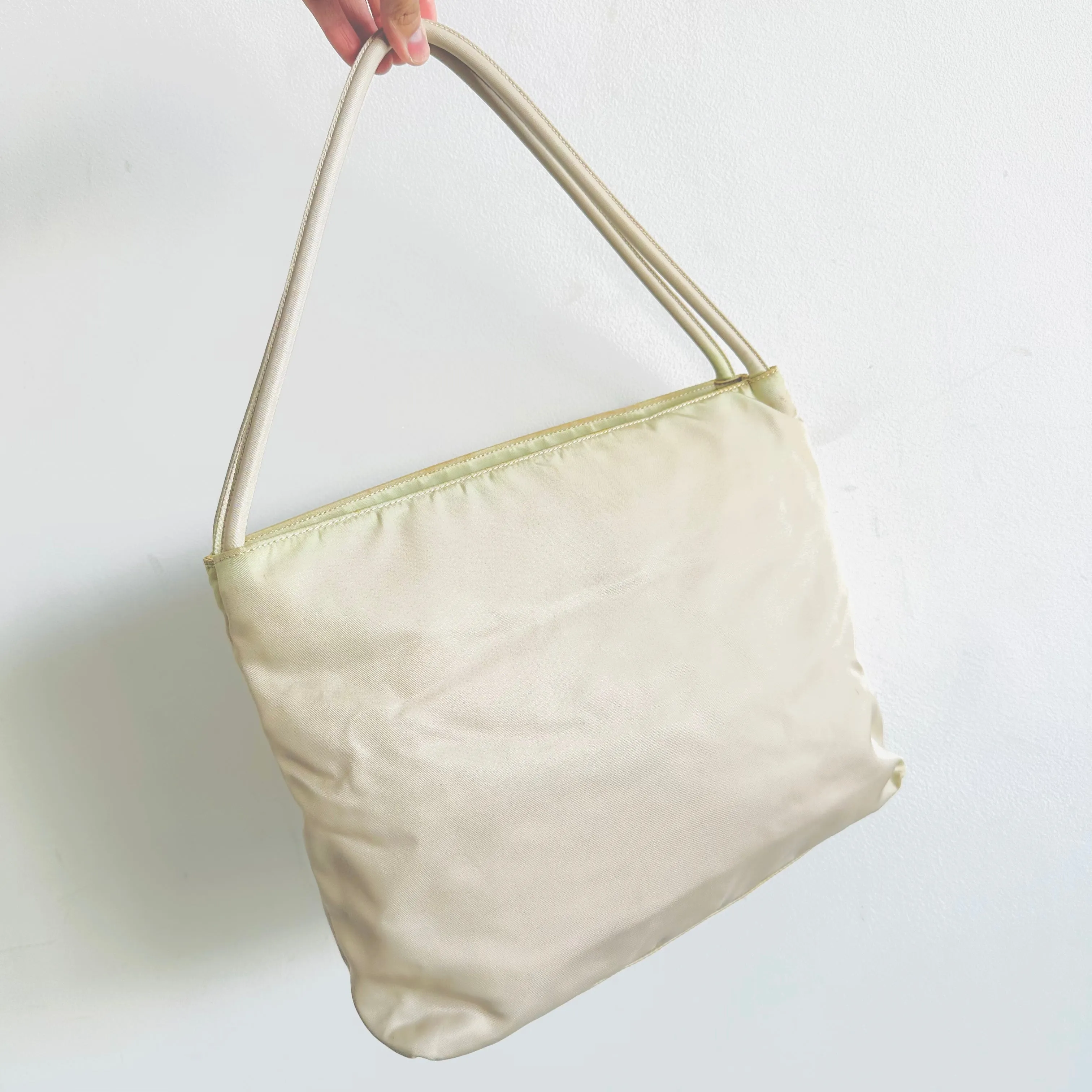 Prada Off White Cream Tessuto Classic Logo Nylon Structured Shoulder Tote Bag