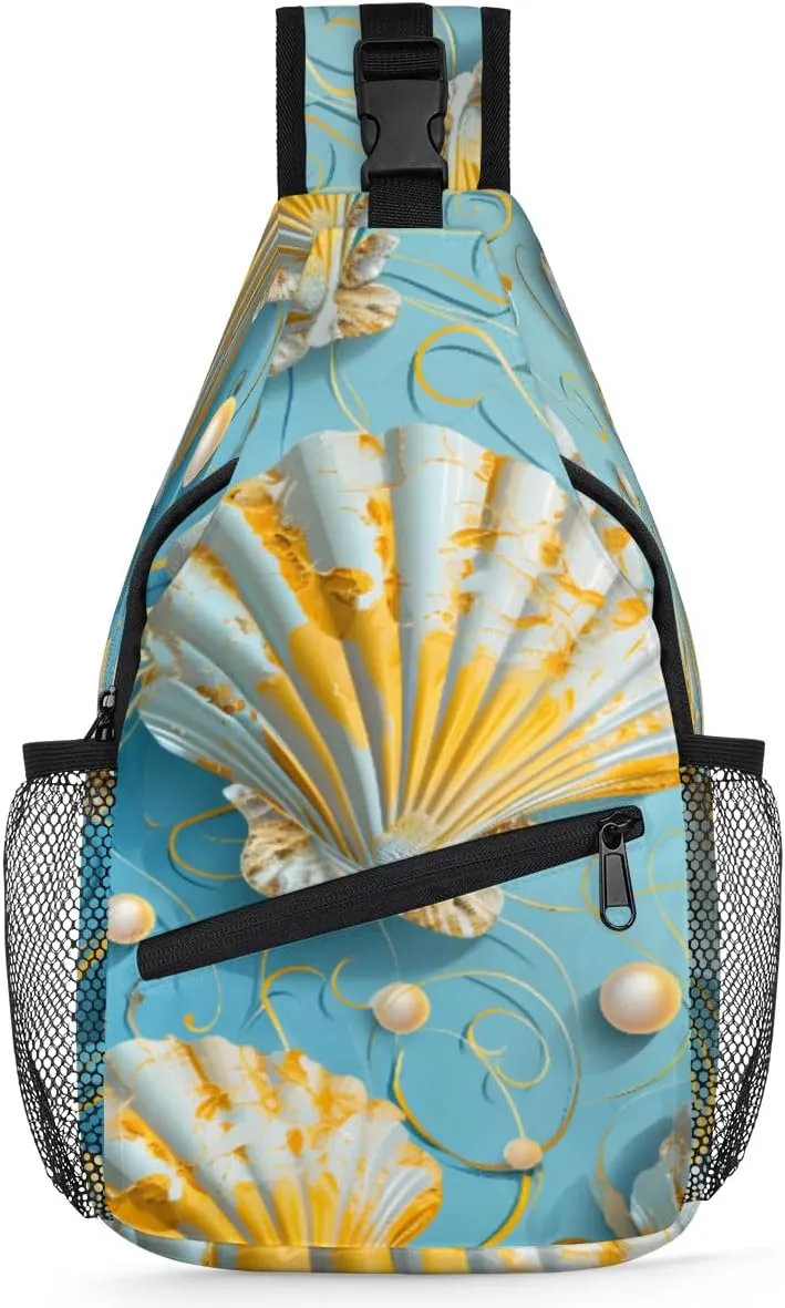 Pretty Mussel Pearls Sling Backpack for Women Men Waterproof Antitheft Chest Bag Lightweight Travel Crossbody Shoulder Bag for Shopping Outdoor Leisure Sports Mountaineering Riding