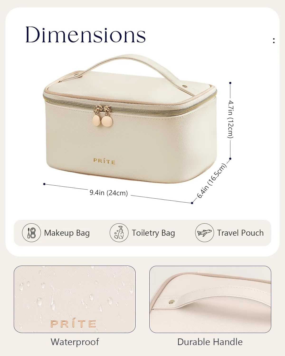 Prite Makeup Bag, Large Capacity Portable Travel Cosmetic Bag, Waterproof Makeup Organizer for Women with Handle and Divider(Beige)