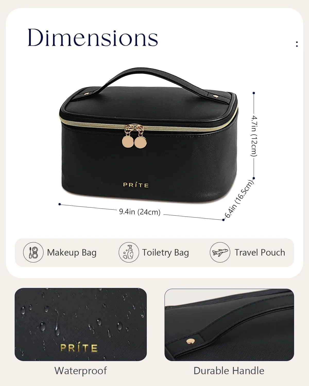 Prite Makeup Bag, Large Capacity Portable Travel Cosmetic Bag, Waterproof Makeup Organizer for Women with Handle and Divider(Black)