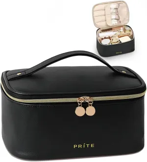 Prite Makeup Bag, Large Capacity Portable Travel Cosmetic Bag, Waterproof Makeup Organizer for Women with Handle and Divider(Black)