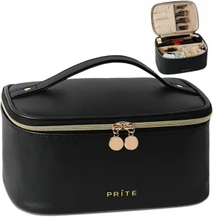 Prite Makeup Bag, Large Capacity Portable Travel Cosmetic Bag, Waterproof Makeup Organizer for Women with Handle and Divider(Black)
