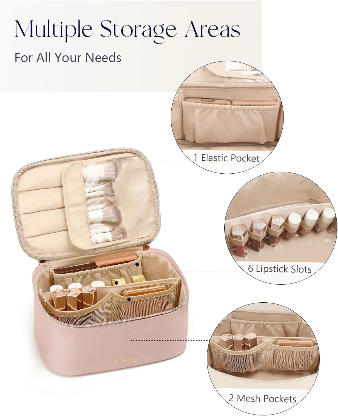 Prite Makeup Bag, Large Capacity Portable Travel Cosmetic Bag, Waterproof Makeup Organizer for Women with Handle and Divider(Pearl Pink)