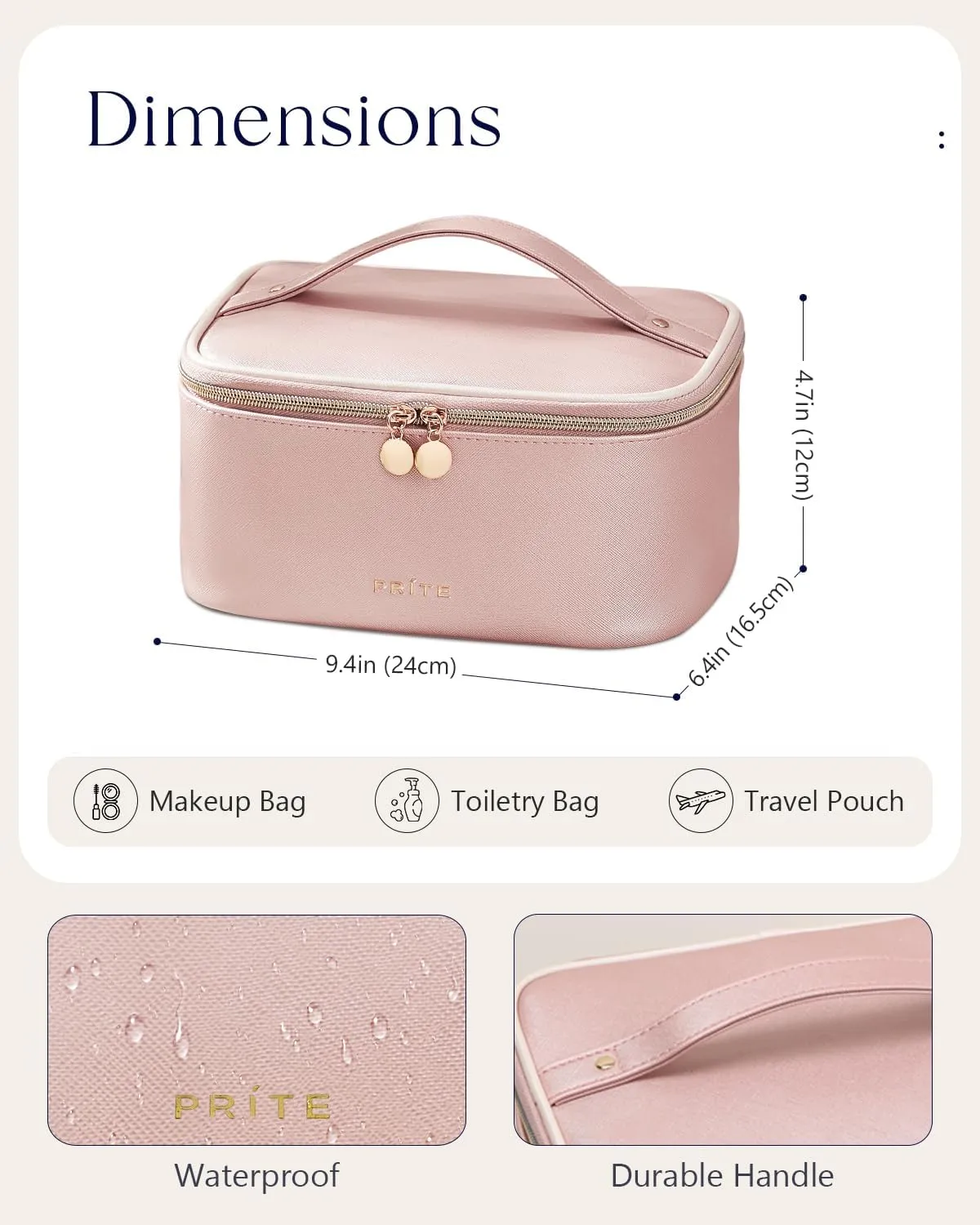 Prite Makeup Bag, Large Capacity Portable Travel Cosmetic Bag, Waterproof Makeup Organizer for Women with Handle and Divider(Pearl Pink)
