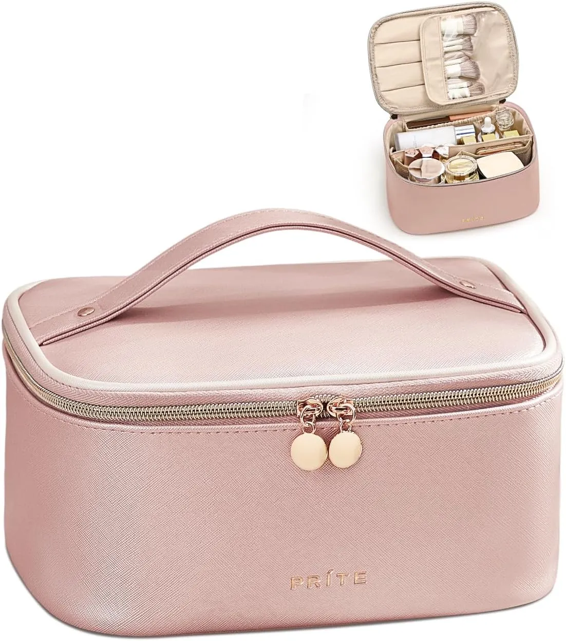 Prite Makeup Bag, Large Capacity Portable Travel Cosmetic Bag, Waterproof Makeup Organizer for Women with Handle and Divider(Pearl Pink)