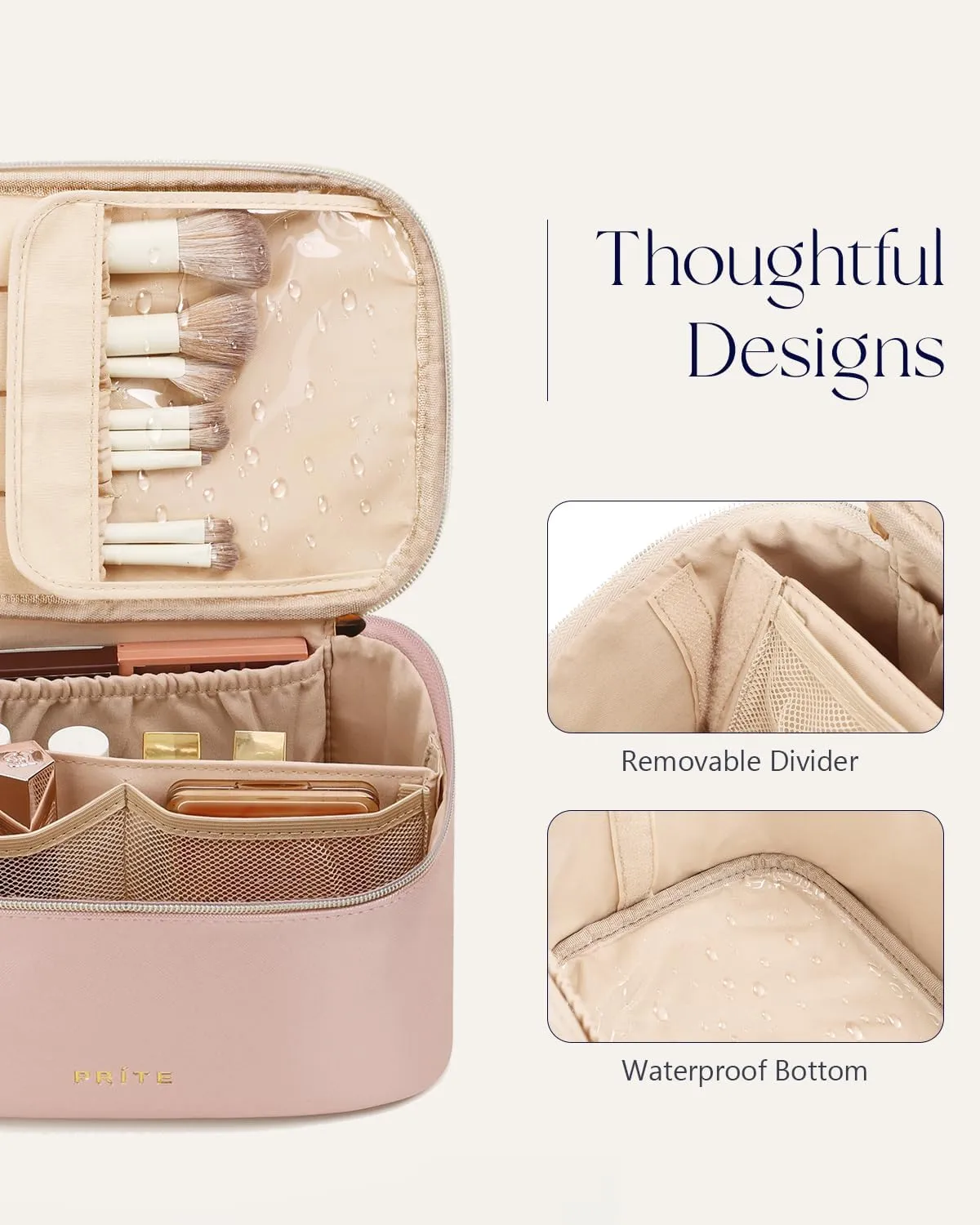 Prite Makeup Bag, Large Capacity Portable Travel Cosmetic Bag, Waterproof Makeup Organizer for Women with Handle and Divider(Pearl Pink)