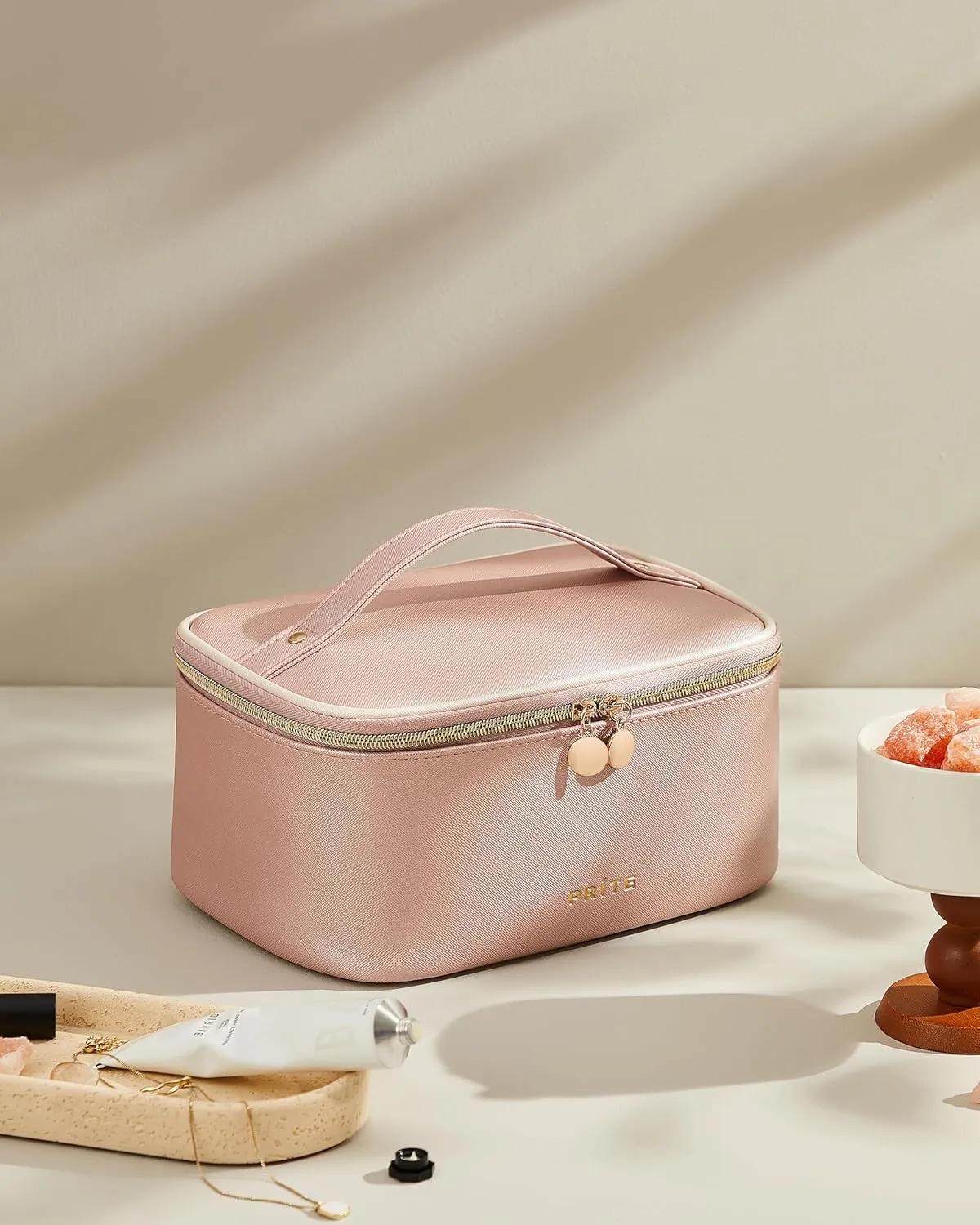 Prite Makeup Bag, Large Capacity Portable Travel Cosmetic Bag, Waterproof Makeup Organizer for Women with Handle and Divider(Pearl Pink)