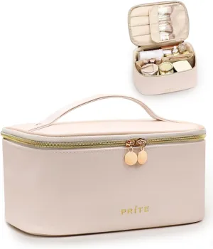 Prite Makeup Bag, Large Capacity Portable Travel Cosmetic Bag, Waterproof Makeup Organizer for Women with Handle and Divider(Pearl White)