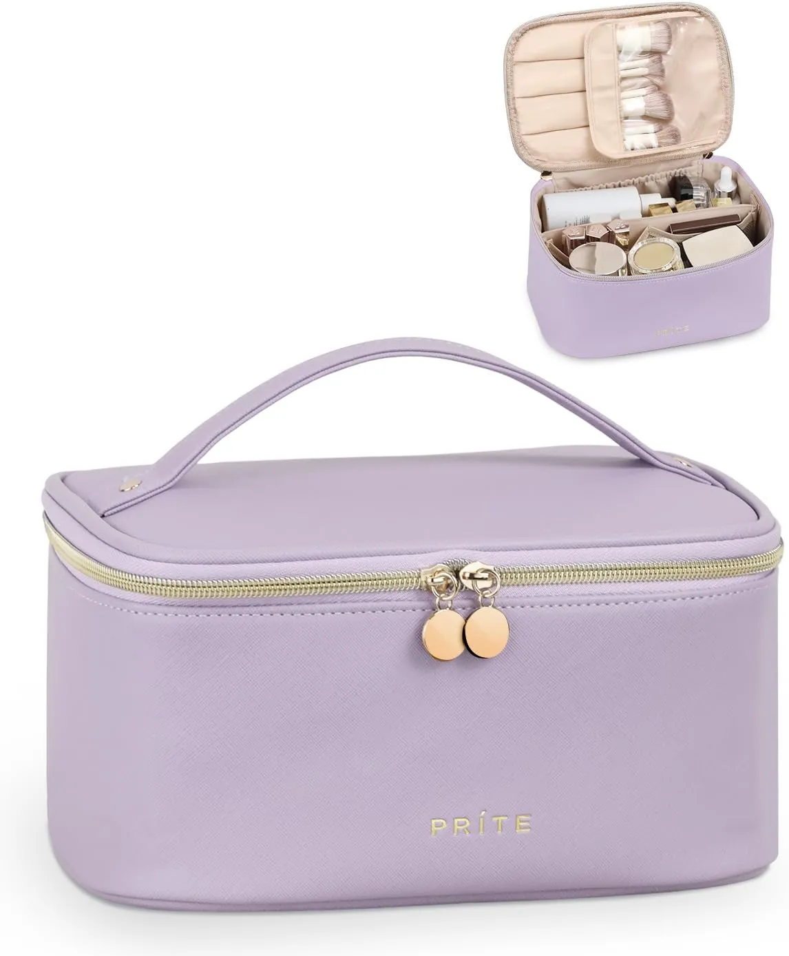 Prite Makeup Bag, Large Capacity Portable Travel Cosmetic Bag, Waterproof Makeup Organizer for Women with Handle and Divider(Purple)