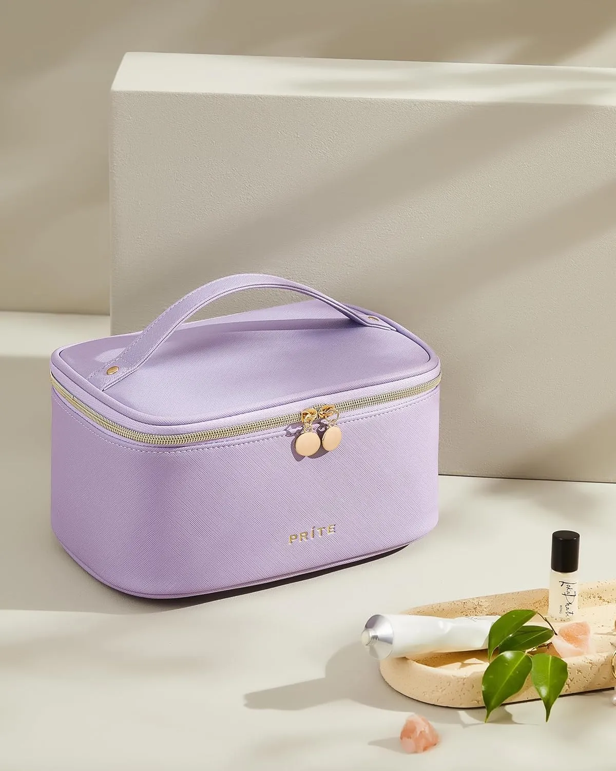 Prite Makeup Bag, Large Capacity Portable Travel Cosmetic Bag, Waterproof Makeup Organizer for Women with Handle and Divider(Purple)
