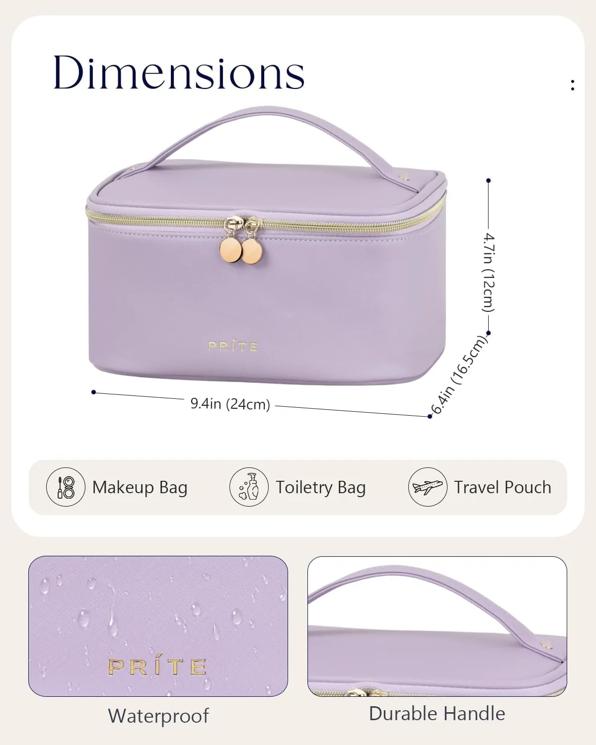Prite Makeup Bag, Large Capacity Portable Travel Cosmetic Bag, Waterproof Makeup Organizer for Women with Handle and Divider(Purple)