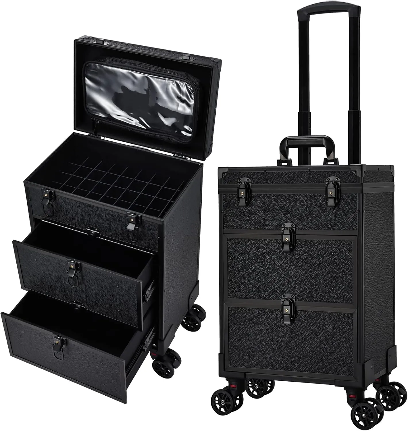 Professional 3 in 1 Rolling Makeup Case Cosmetology Case on Wheels 2 Large Drawer Nail Case Trolley Traveling Cosmetic Train Case with Makeup Pouch for Artists Nail Technician Salon Cart Trunk Black