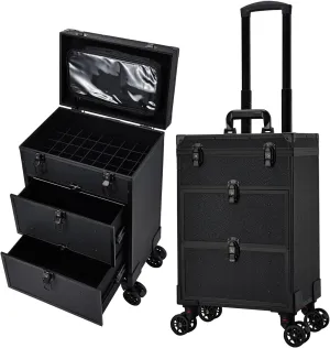 Professional 3 in 1 Rolling Makeup Case Cosmetology Case on Wheels 2 Large Drawer Nail Case Trolley Traveling Cosmetic Train Case with Makeup Pouch for Artists Nail Technician Salon Cart Trunk Black