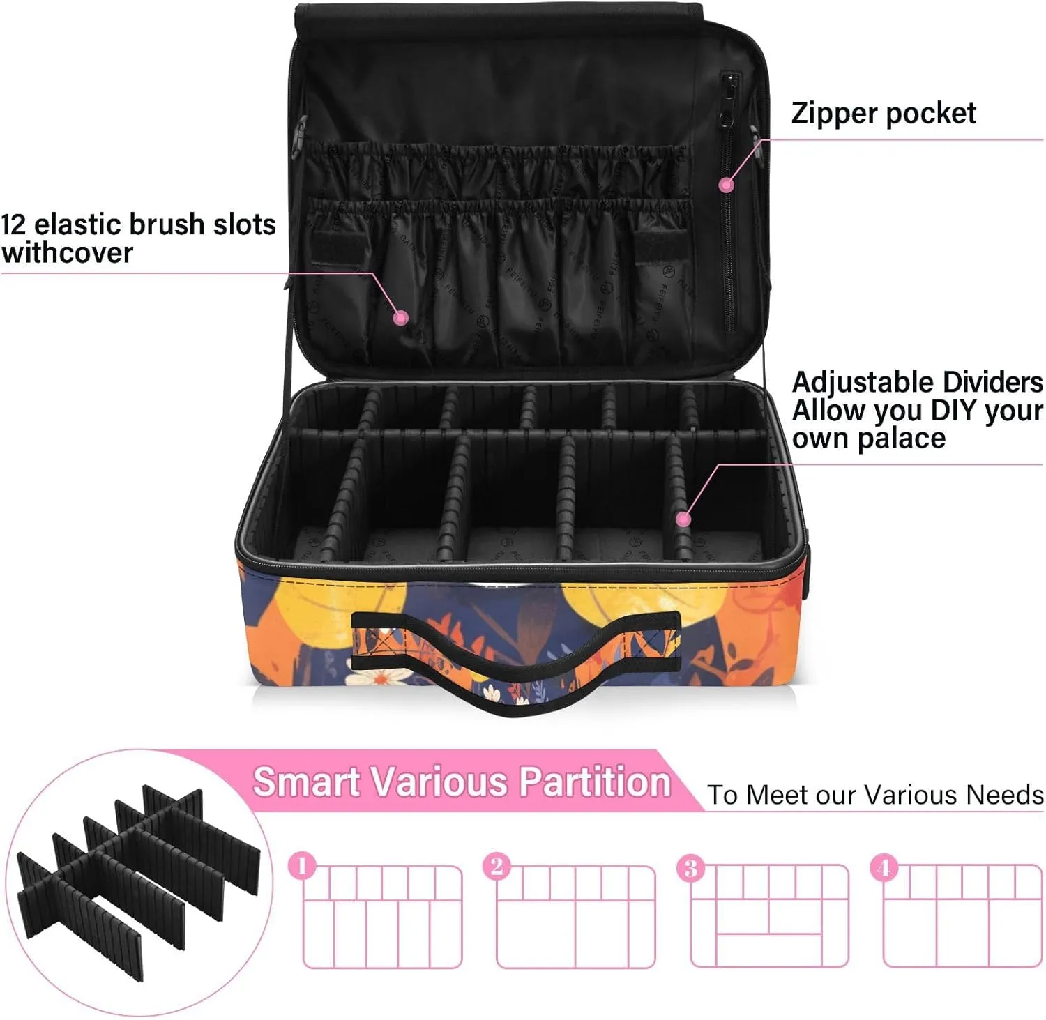 Professional Makeup Bag Organizer 14.6" Travel Cosmetic Case with 10 Adjustable Dividers