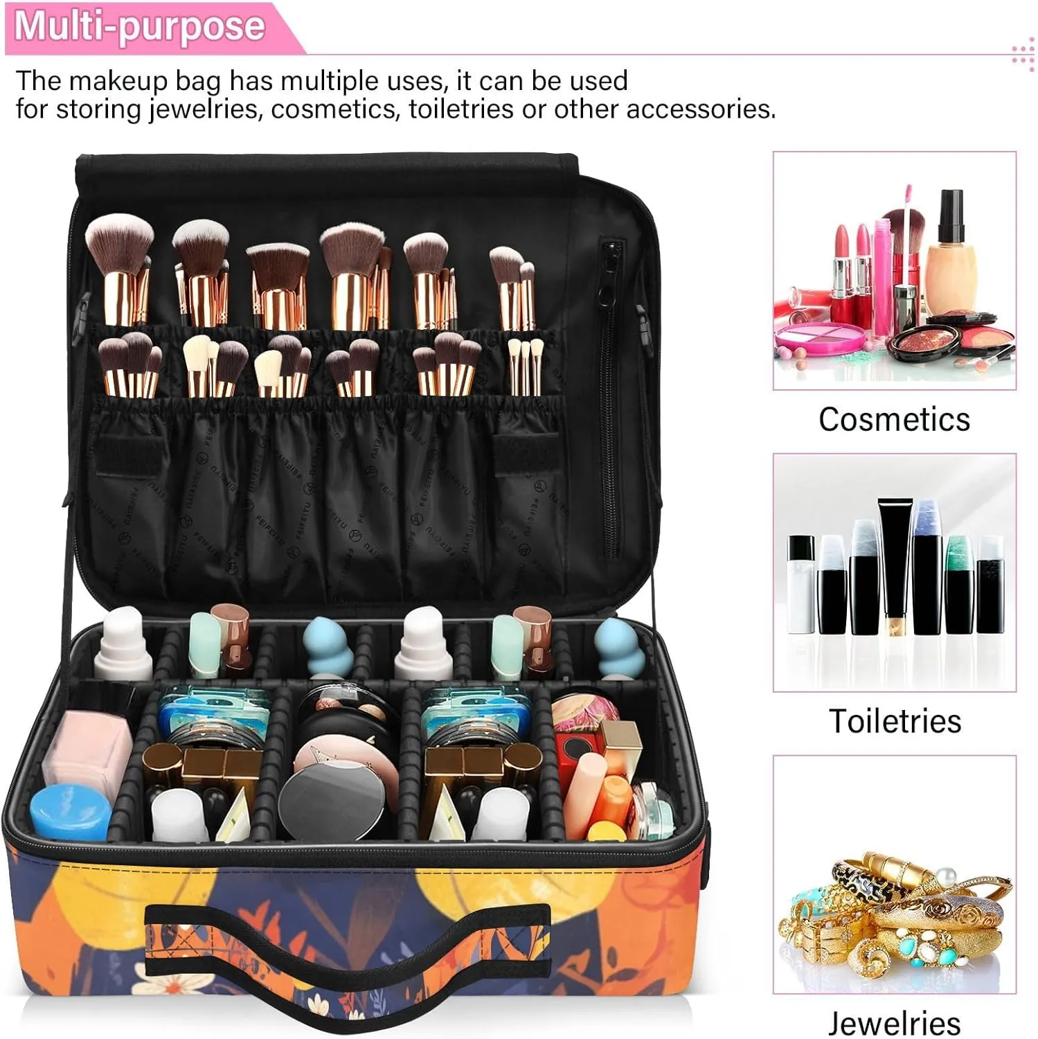 Professional Makeup Bag Organizer 14.6" Travel Cosmetic Case with 10 Adjustable Dividers
