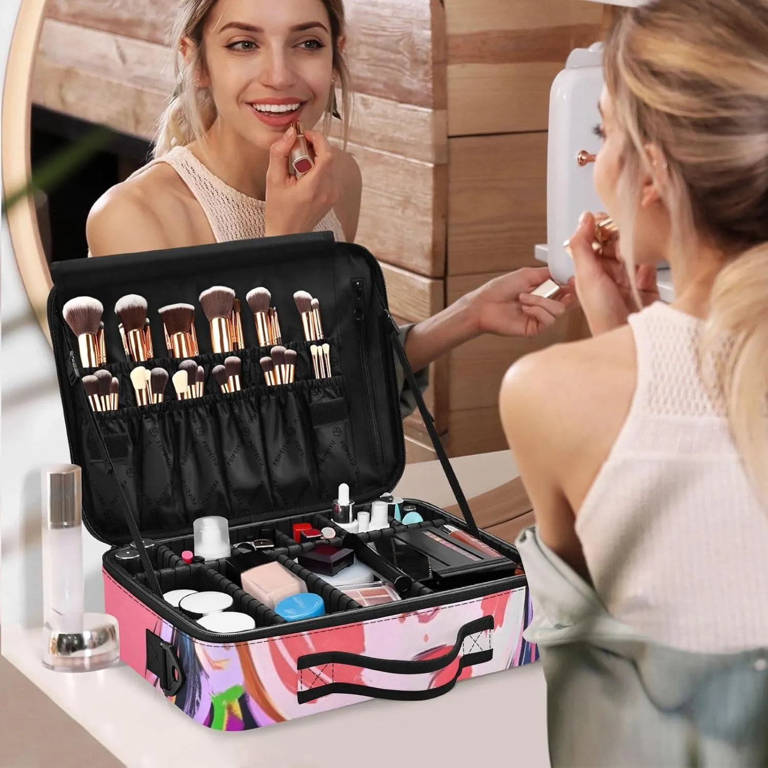 Professional Makeup Bag Organizer 14.6" Travel Cosmetic Case with 10 Adjustable Dividers
