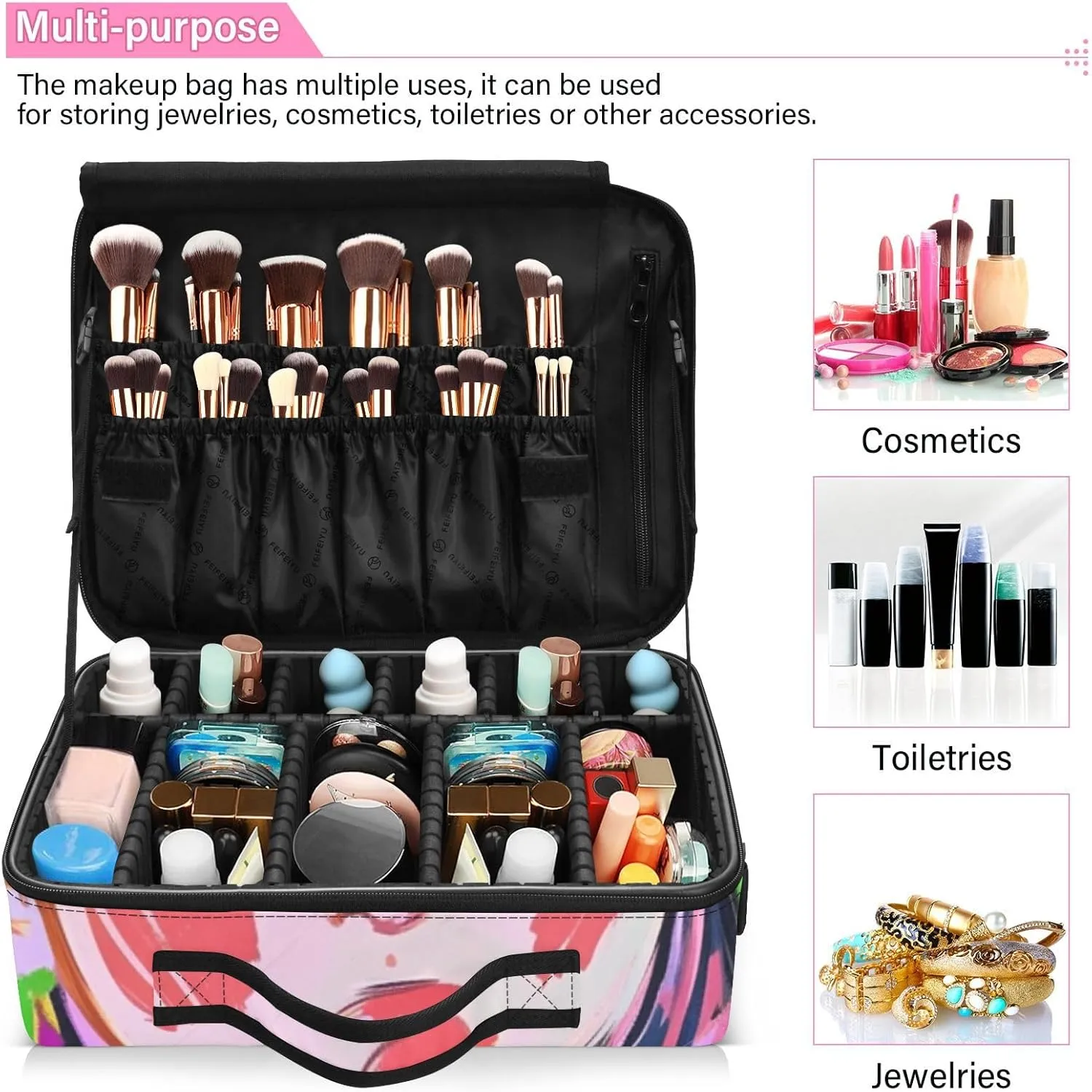 Professional Makeup Bag Organizer 14.6" Travel Cosmetic Case with 10 Adjustable Dividers