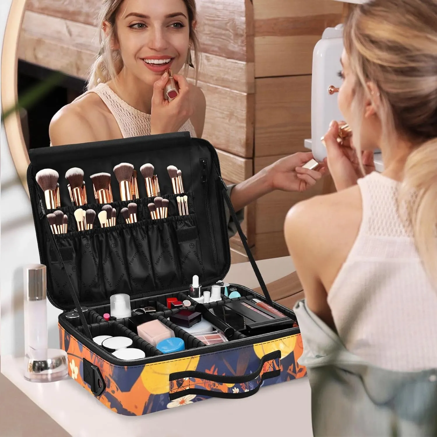 Professional Makeup Bag Organizer 14.6" Travel Cosmetic Case with 10 Adjustable Dividers