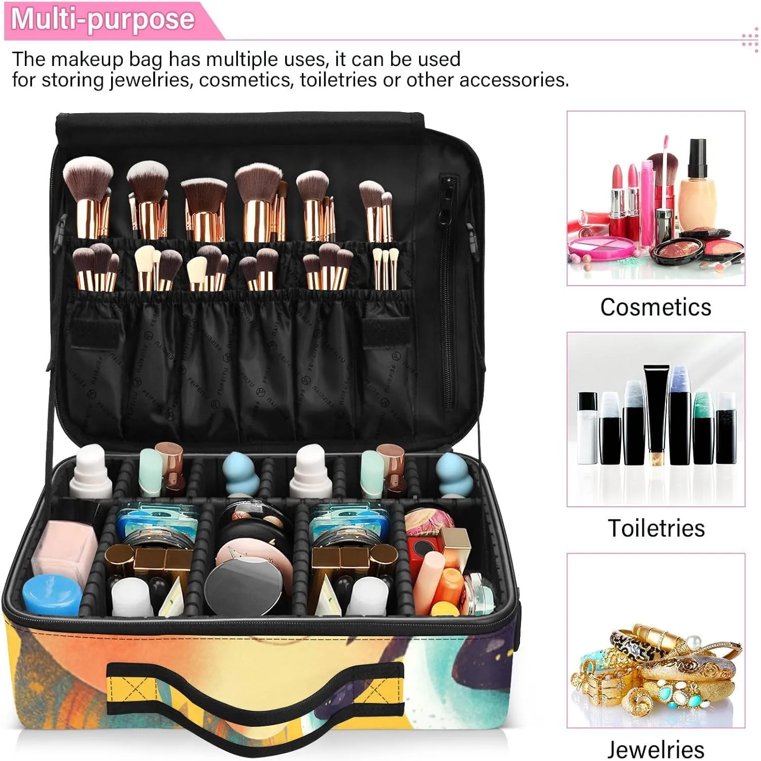 Professional Makeup Bag Organizer 14.6" Travel Cosmetic Case with 10 Adjustable Dividers