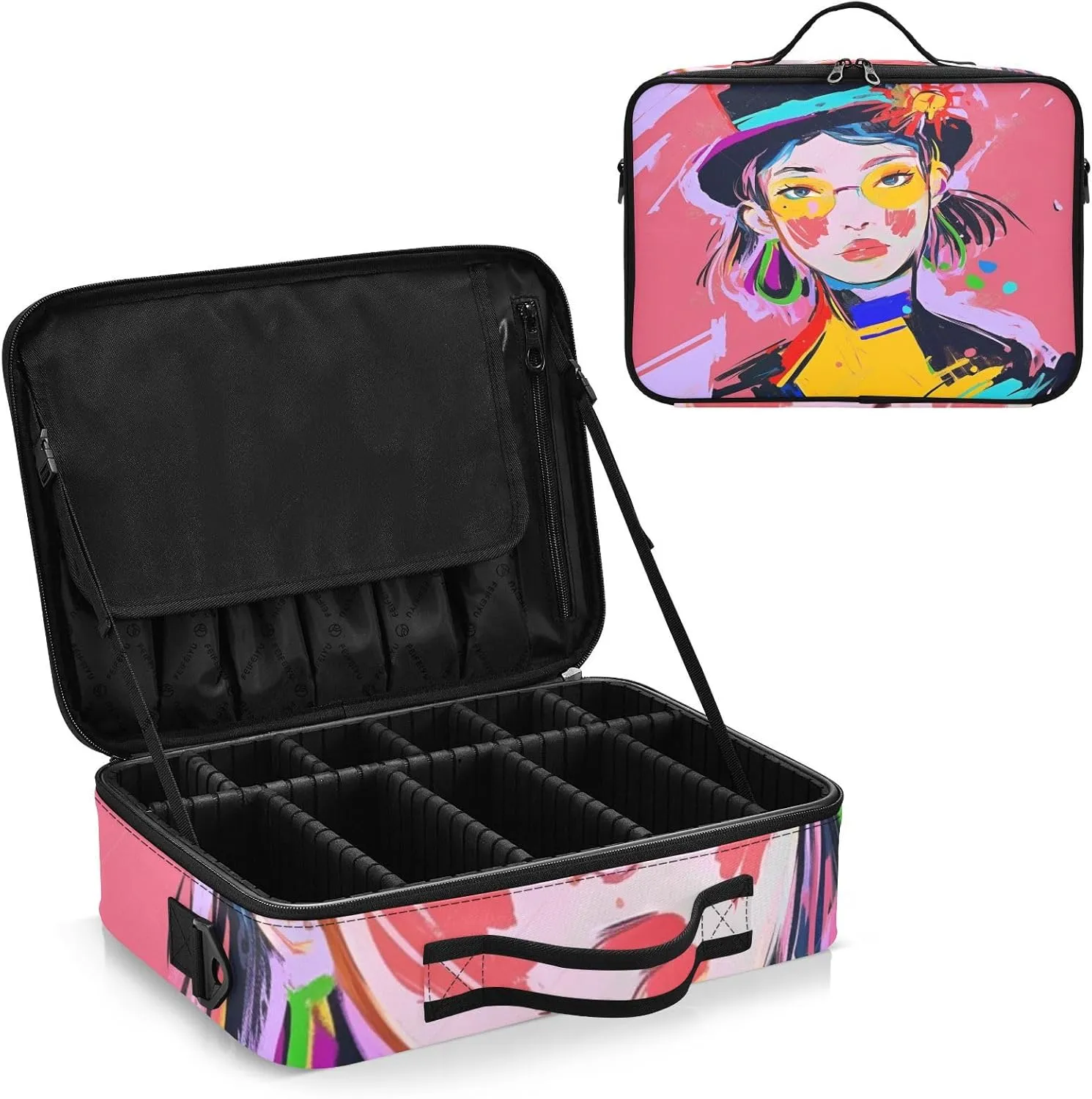 Professional Makeup Bag Organizer 14.6" Travel Cosmetic Case with 10 Adjustable Dividers