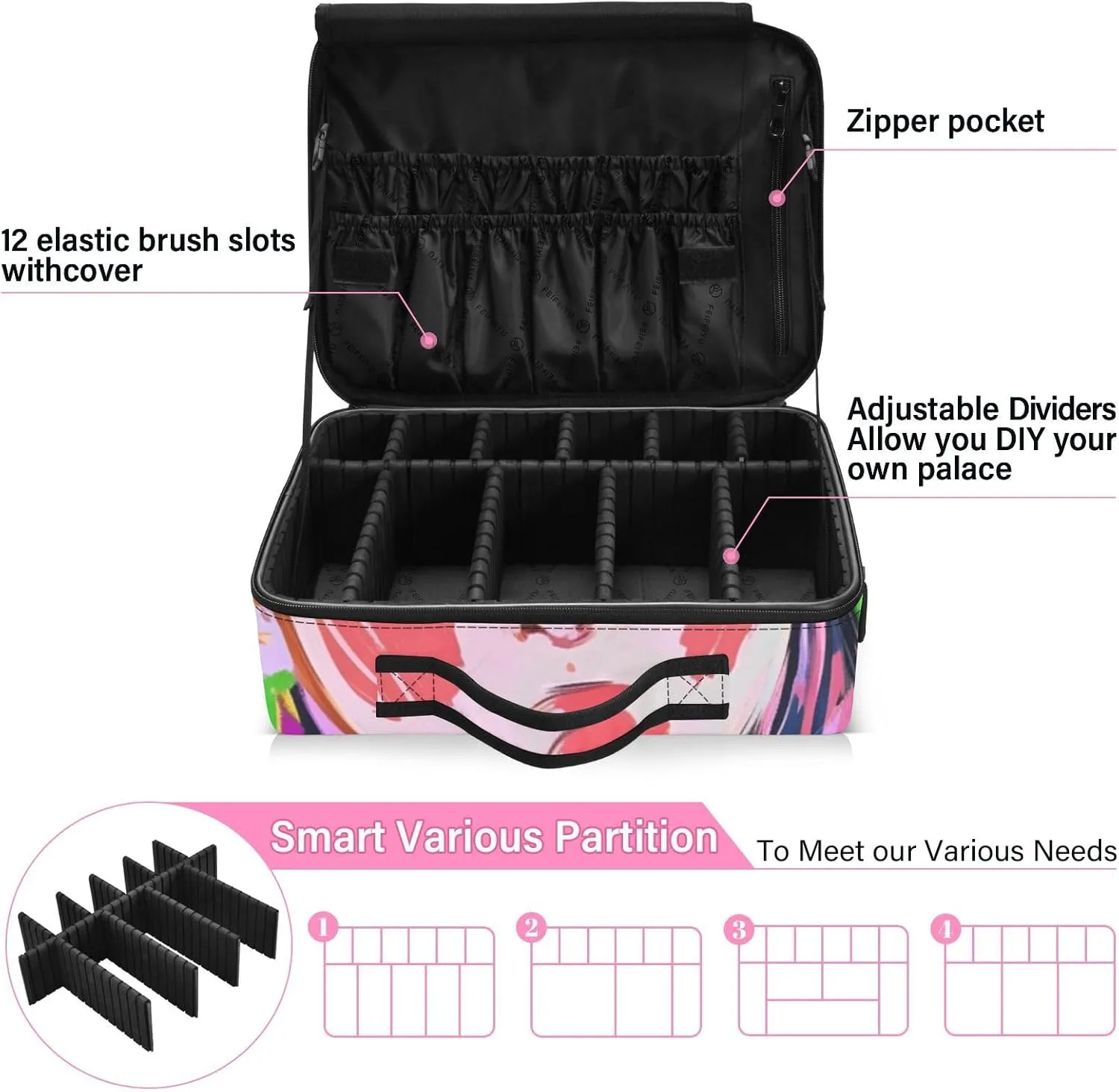 Professional Makeup Bag Organizer 14.6" Travel Cosmetic Case with 10 Adjustable Dividers