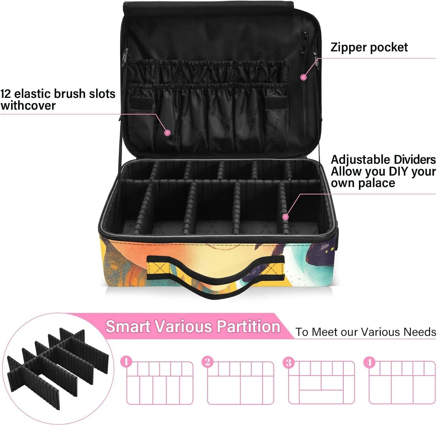 Professional Makeup Bag Organizer 14.6" Travel Cosmetic Case with 10 Adjustable Dividers