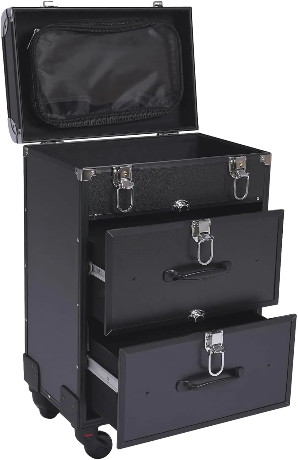 Professional Rolling Makeup Case with Wheels, 3 Layers Cosmetic Case Rolling Makeup Case with Keys for Hairstylists Nail Tech, 14.2 * 9.1 * 22.8inch, Aluminum Alloy